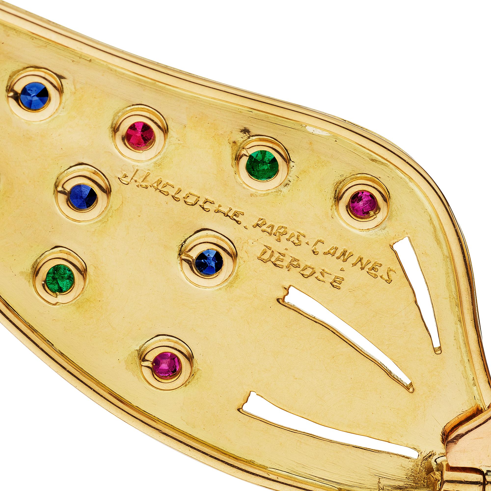 Taille émeraude LaCloche Paris Mid-Century Ruby Emerald Sapphire Gold Butterfly Brooch (Broche papillon en or) en vente