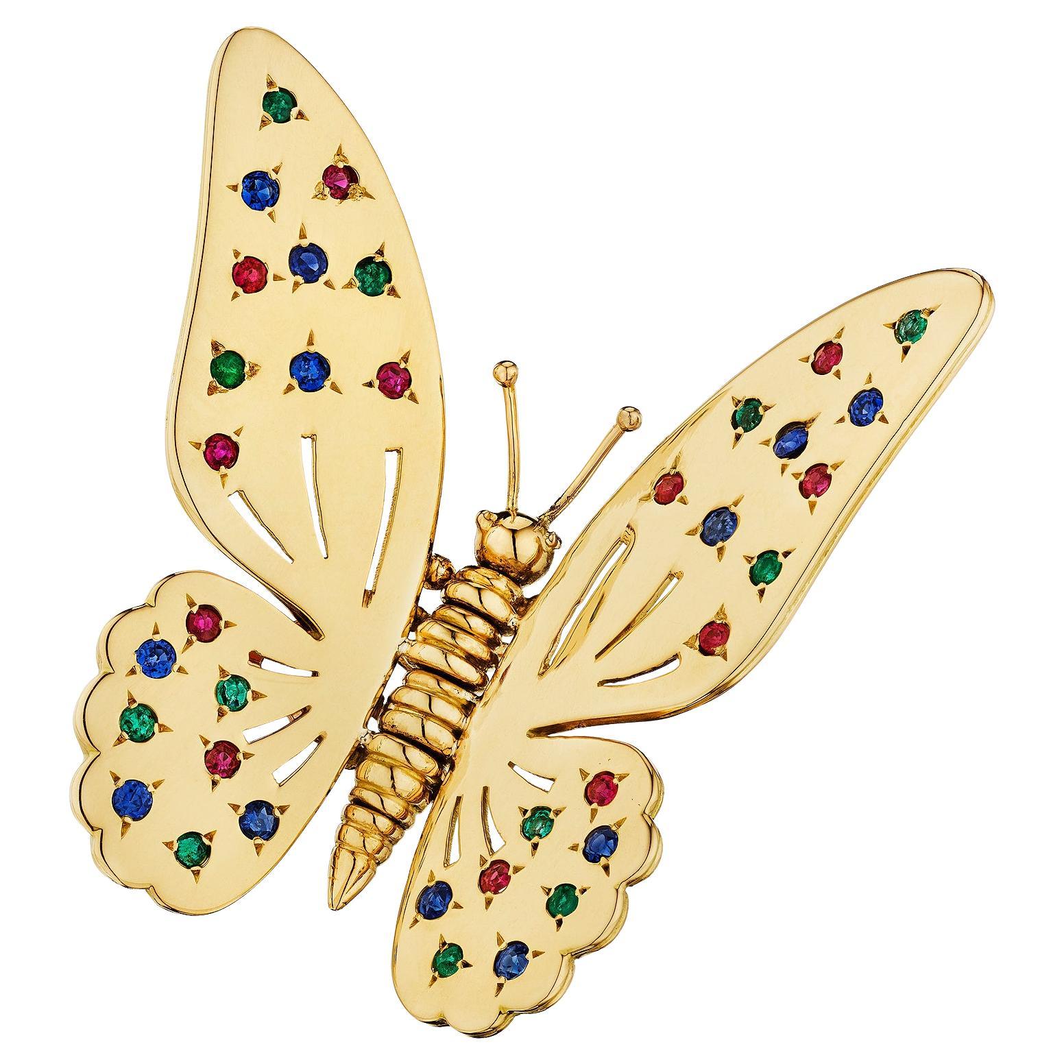 LaCloche Paris Mid-Century Ruby Emerald Sapphire Gold Butterfly Brooch (Broche papillon en or) en vente