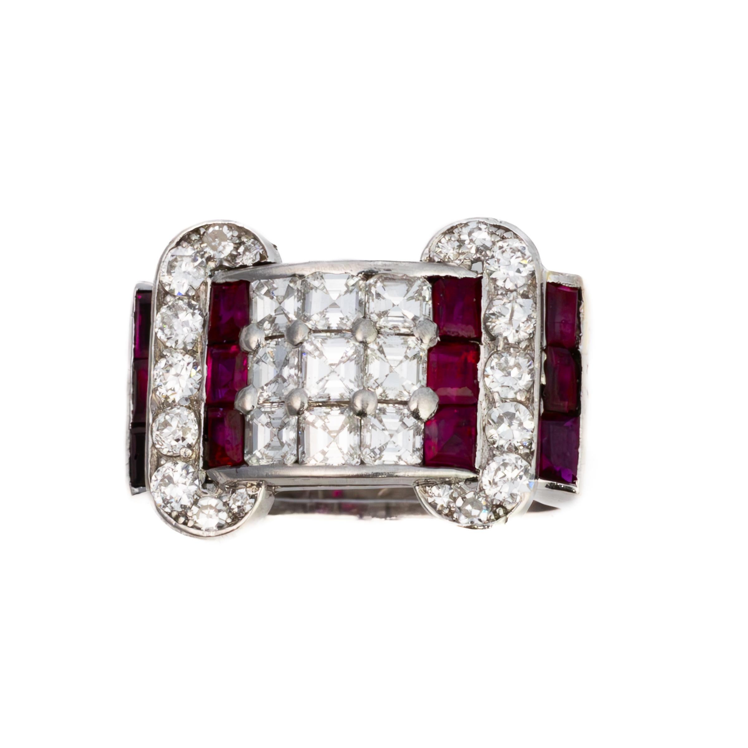 Lacloche Ruby and Diamond Ring

This exceptional ring by Lacloche Frères is a brilliant example of Art Deco-inspired design and meticulous craftsmanship. Featuring vibrant square-cut rubies and a central motif of baguette and round brilliant-cut