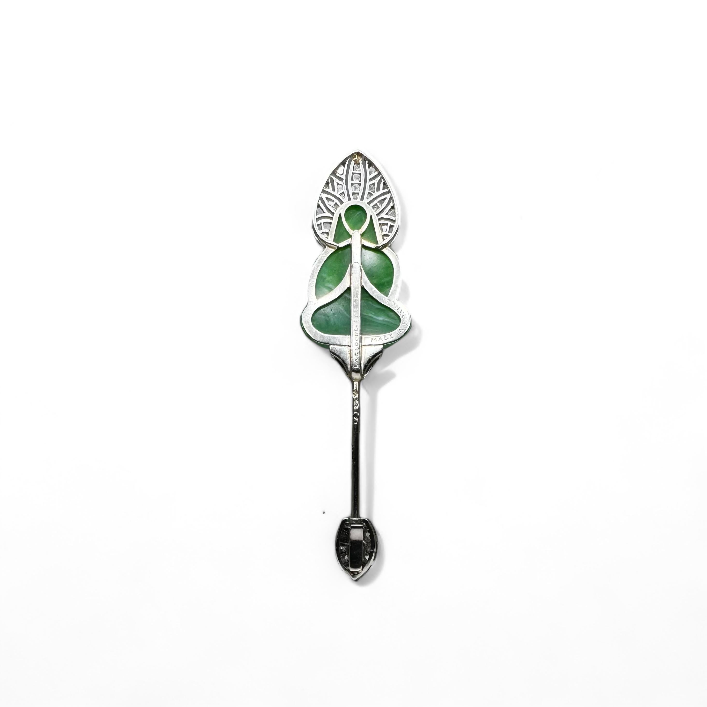 Art Deco LACLOCHES FRÈRES Platinum, Carved Jadeite, and Diamond Stickpin For Sale