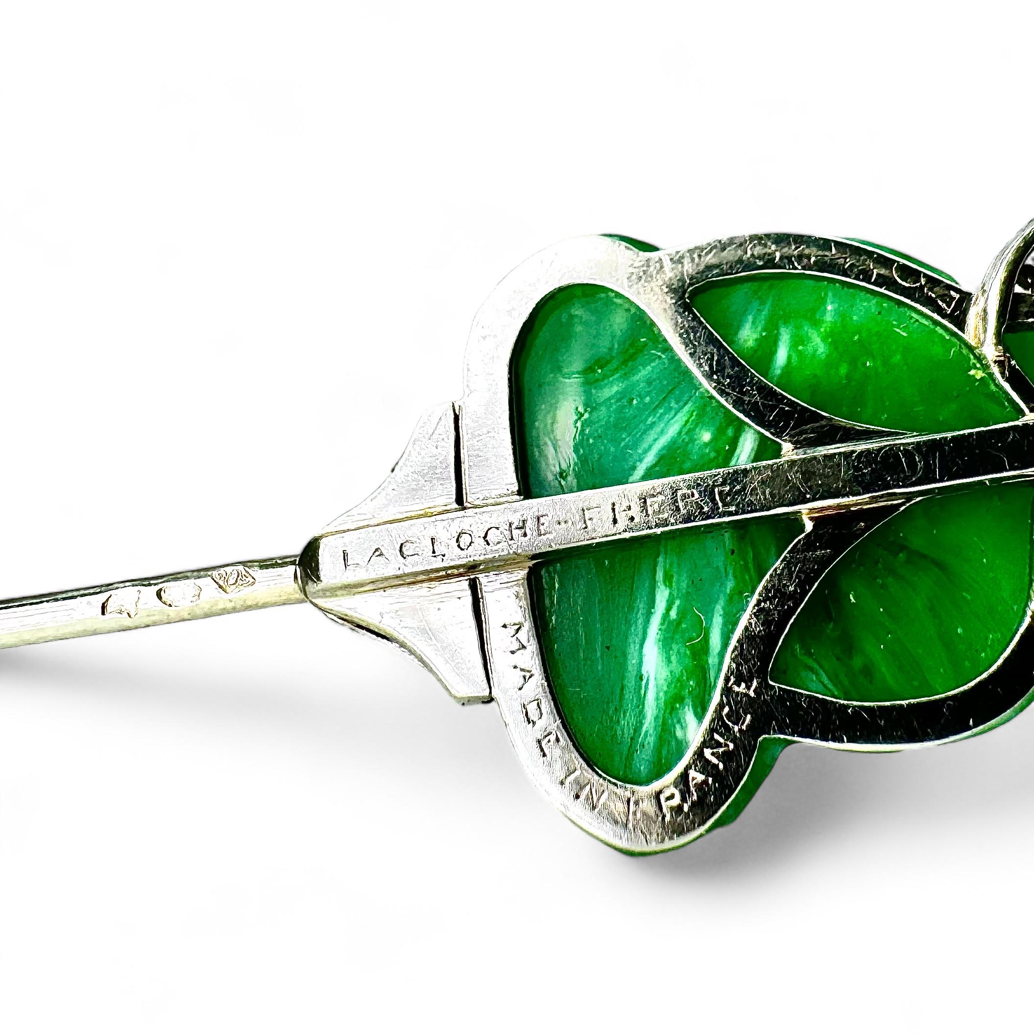 Rose Cut LACLOCHES FRÈRES Platinum, Carved Jadeite, and Diamond Stickpin For Sale