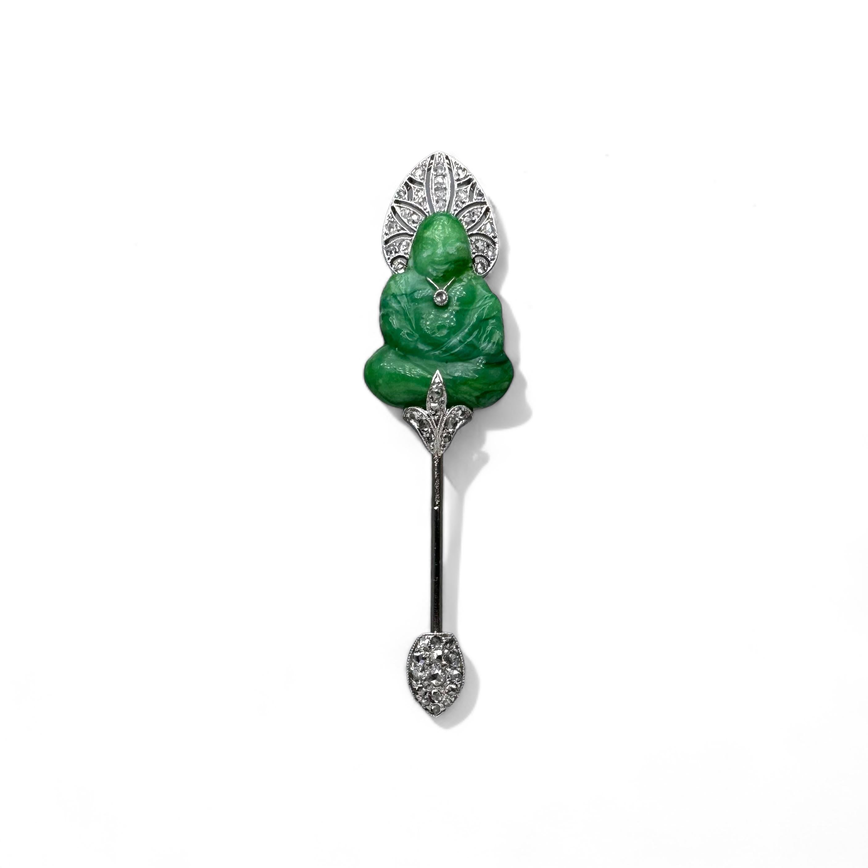 Women's or Men's LACLOCHES FRÈRES Platinum, Carved Jadeite, and Diamond Stickpin For Sale