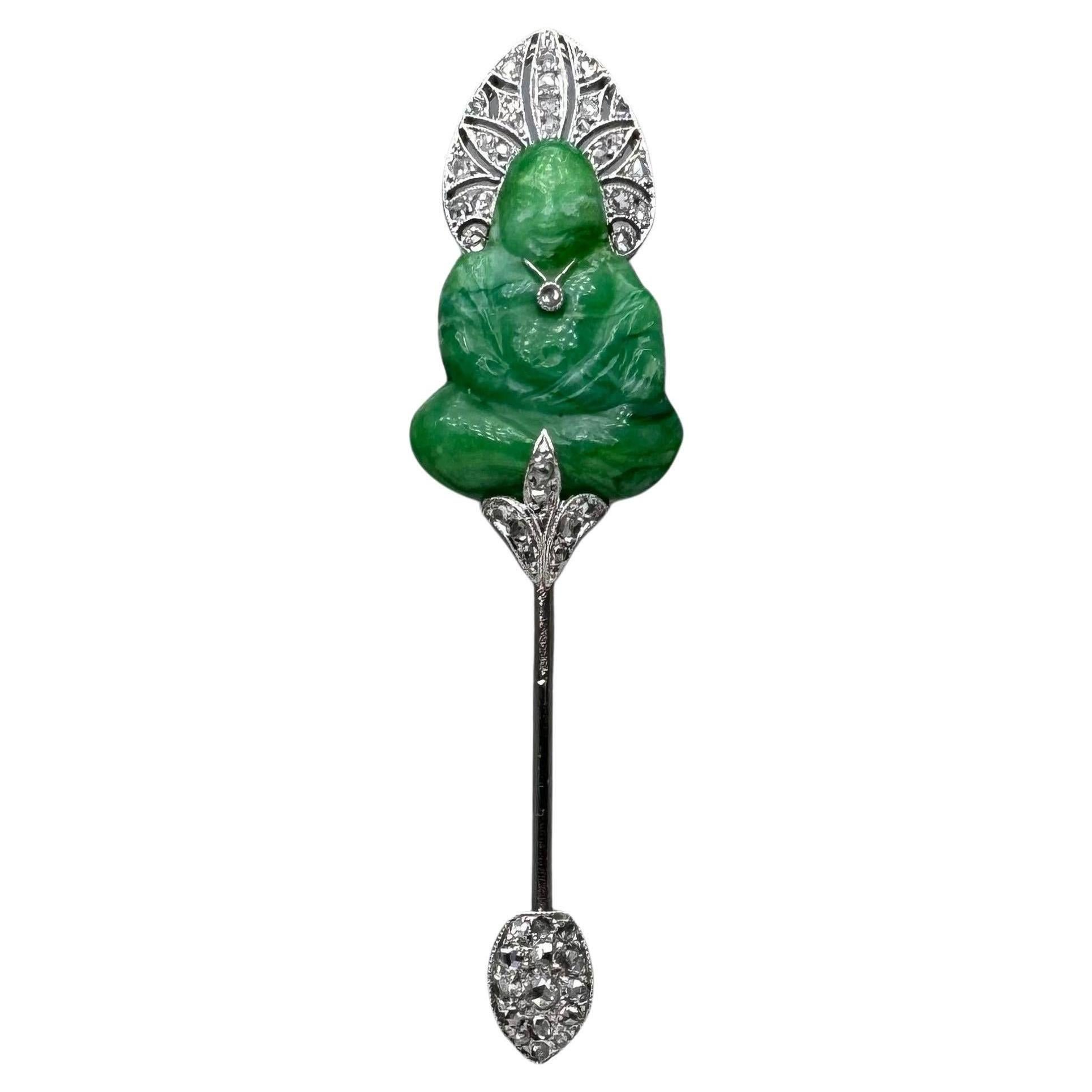 LACLOCHES FRÈRES Platinum, Carved Jadeite, and Diamond Stickpin For Sale