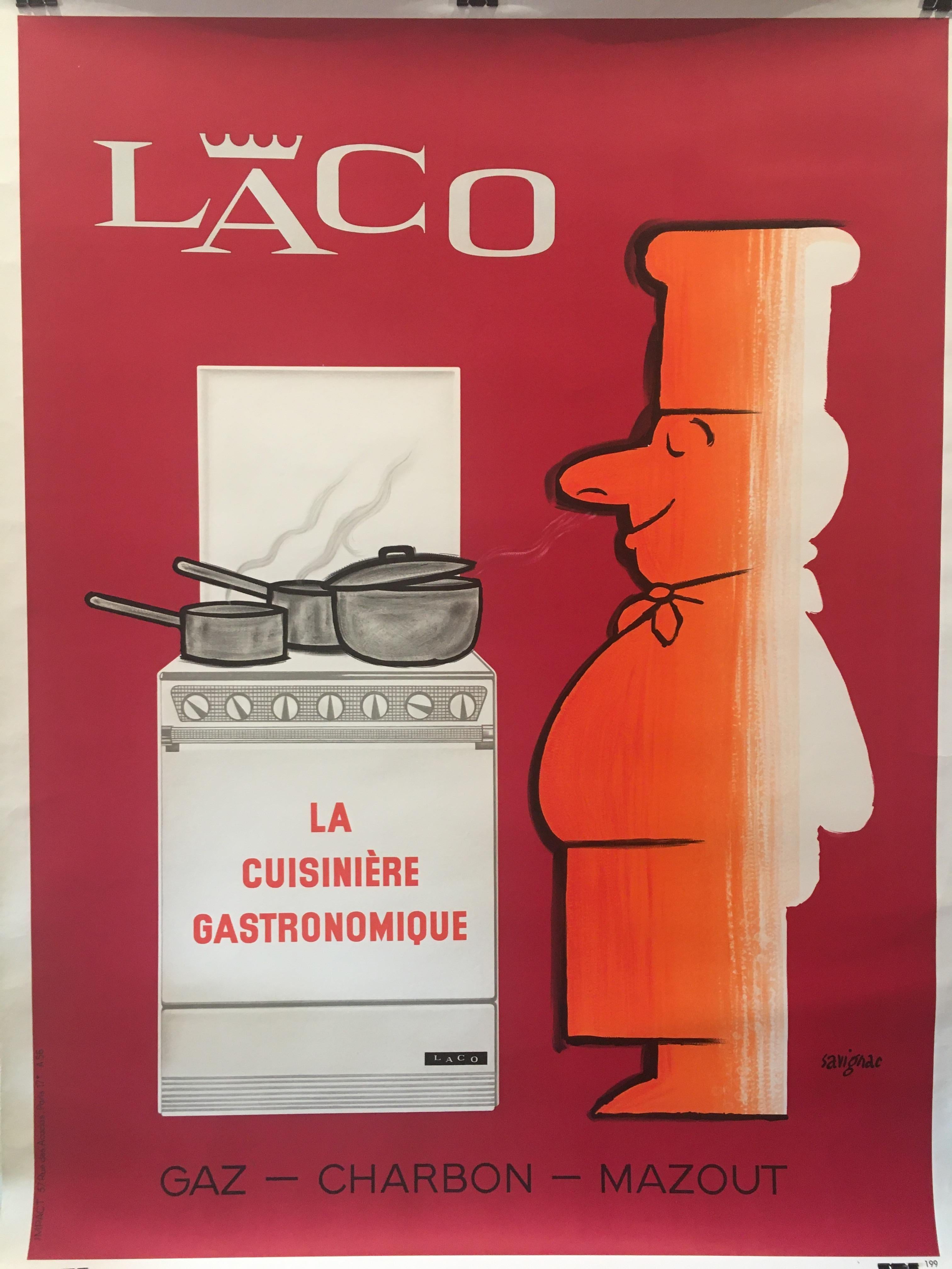 'Laco' by Raymond Savignac, original vintage mid-century poster.

A fun poster by Savignac in 1960, to advertise the French gastronomic kitchen appliances company – “Laco”. As the slogan says, they work on either gas, coil or fuel oil. The chef