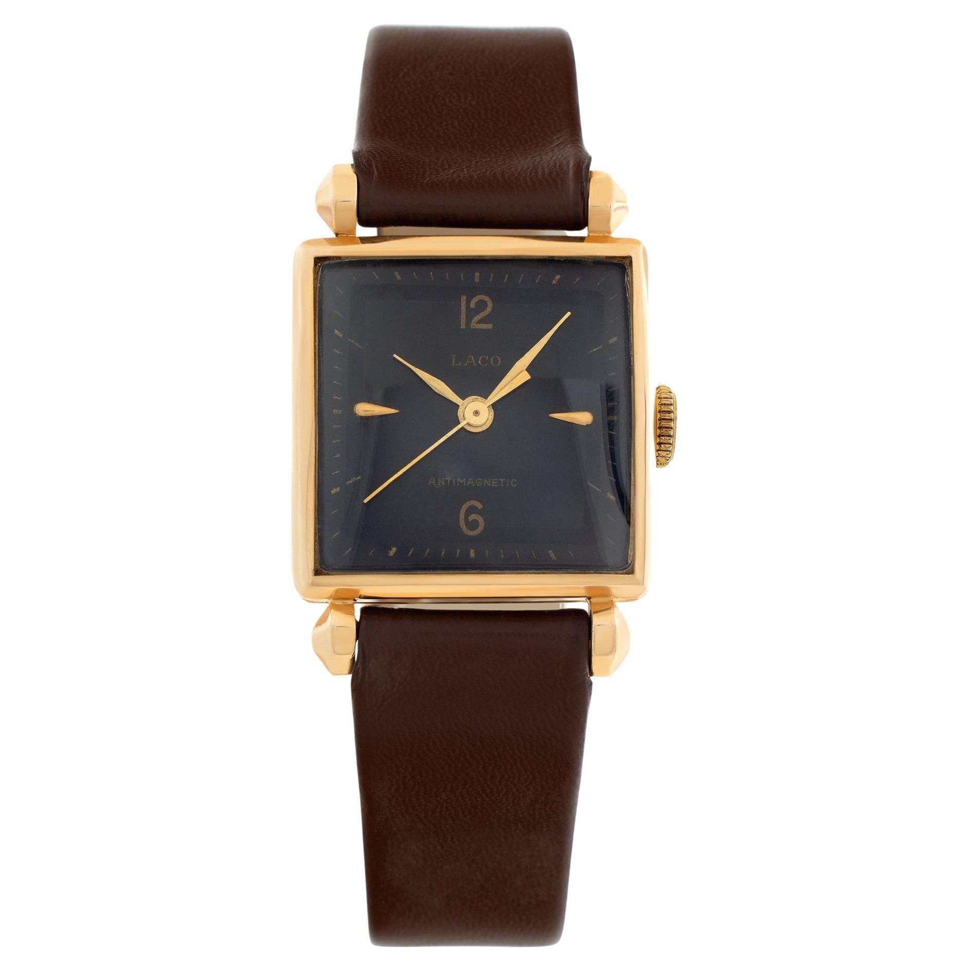 Montre Laco Vintage en or jaune avec cadran noir 25,5 mm Montre manuelle