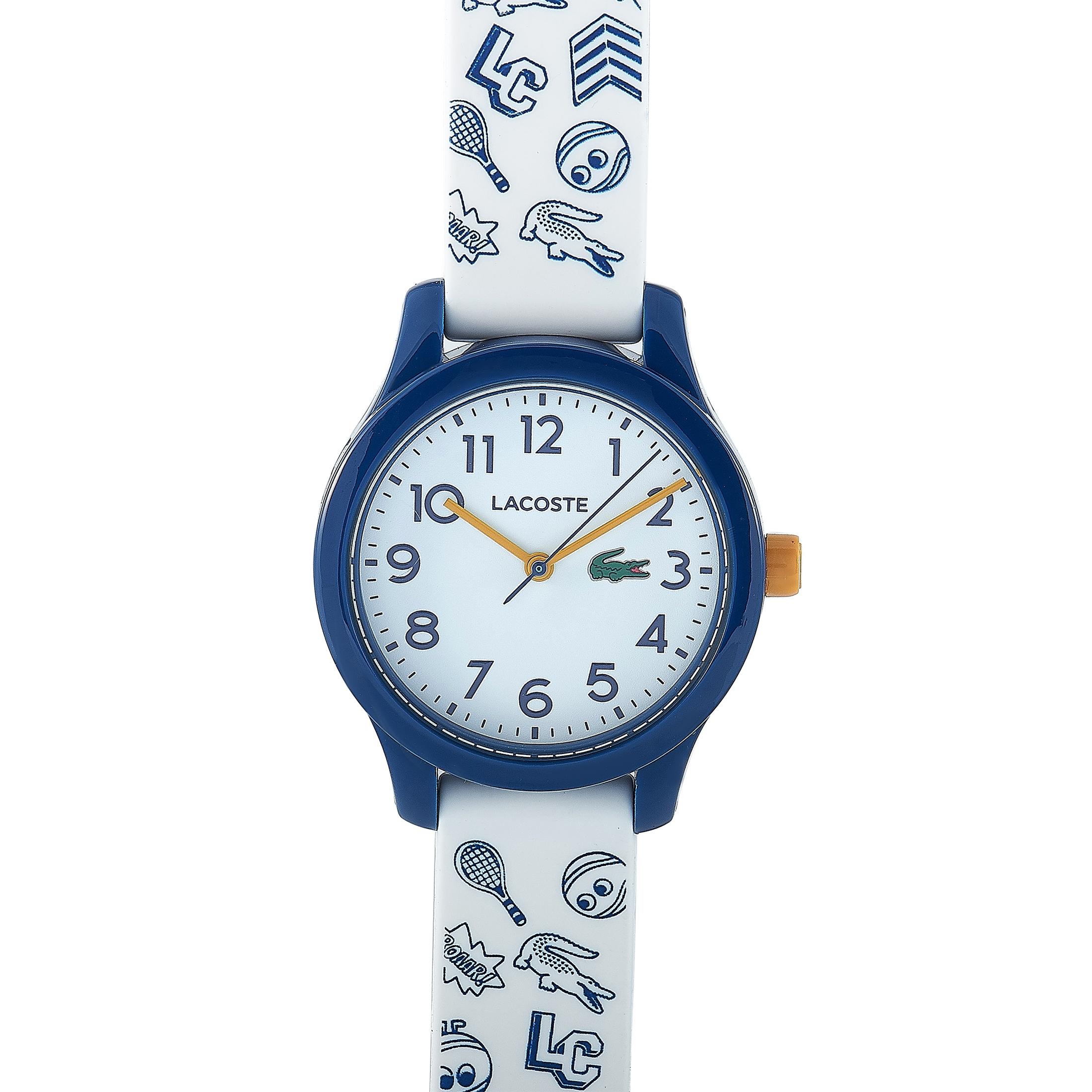 This is the Lacoste 12.12 watch by Lacoste, reference number 2030011.
 
 It is presented with a 32 mm blue case that boasts stainless steel back. The case is water-resistant to 50 meters and mounted onto a white silicone strap with blue