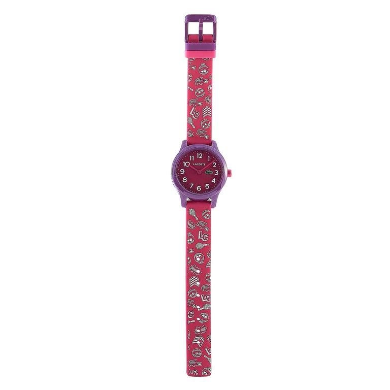 This is the Lacoste 12.12 watch by Lacoste, reference number 2030012. It is presented with a 32 mm purple case that boasts stainless steel back. The case is water-resistant to 50 meters and mounted onto a pink silicone strap with white decorations,