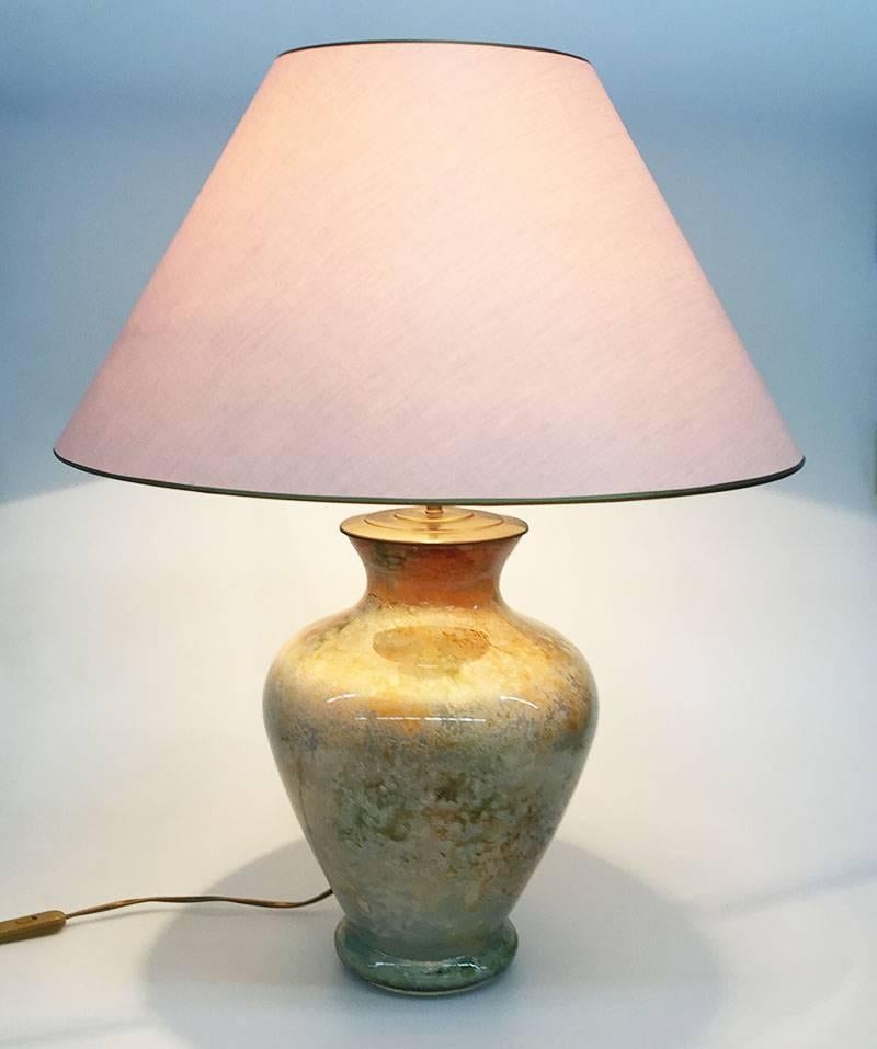 French Marbled Art Glass Table Lamp by Lacquer Line, 1970s

This table lamp is signed (engraved) and labelled with logo by Laquer Line
Unique and handmade French Art Glass
The colors are peach, green, grey and orange
The shade is soft pink
The base