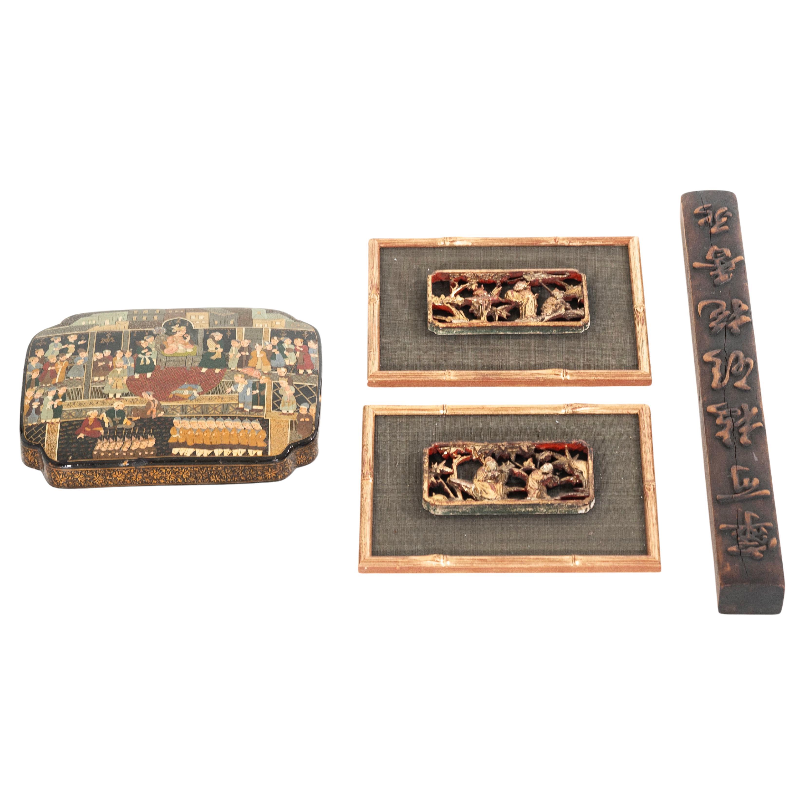 Lacquer and carved Chineses wall decorations, 19th C. For Sale
