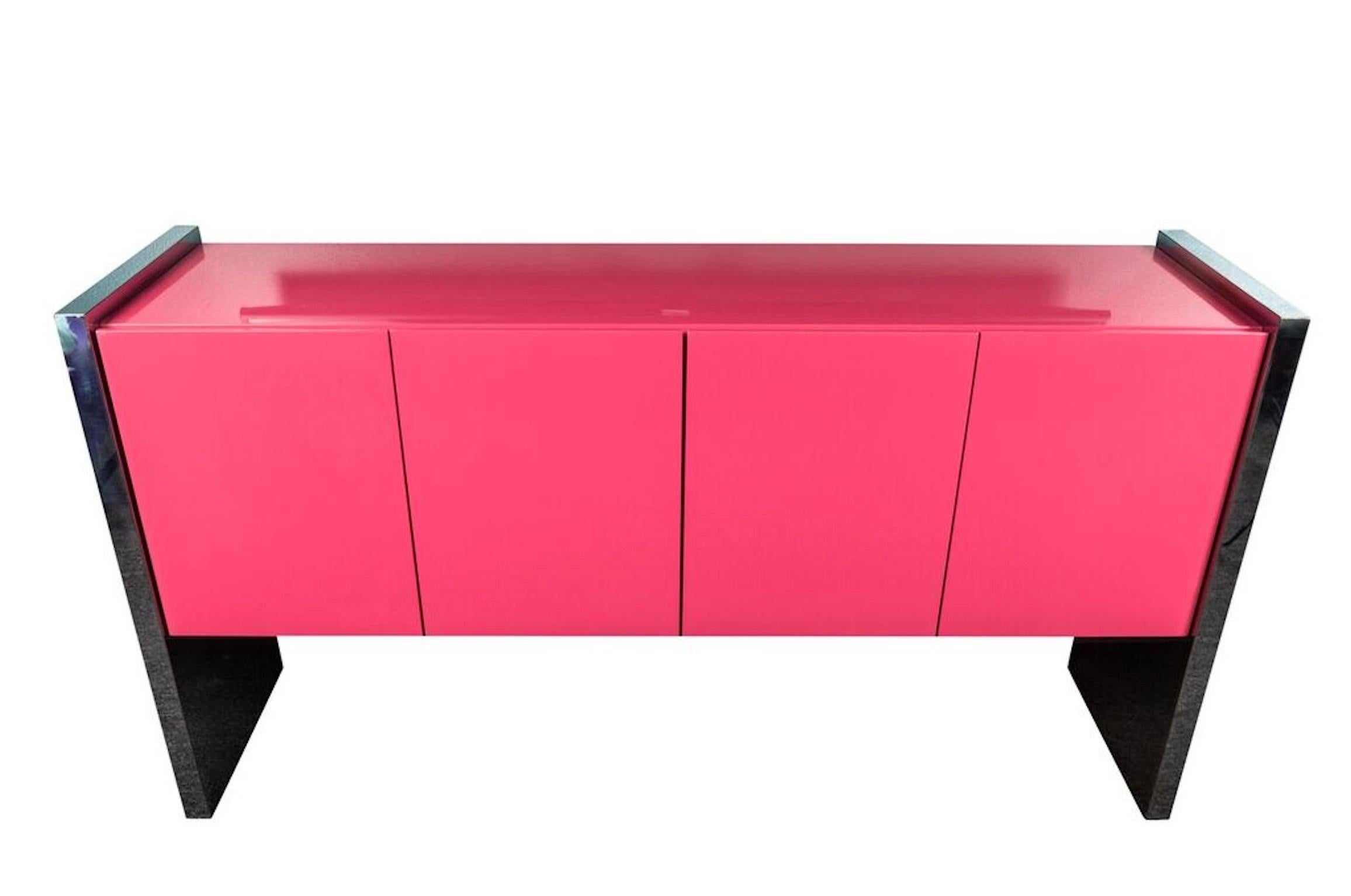 High polished lacquered cabinet, with chromed steel sides and legs. Wood with pink lacquer. Manufacturer Label, 1970 Highpoint NC.