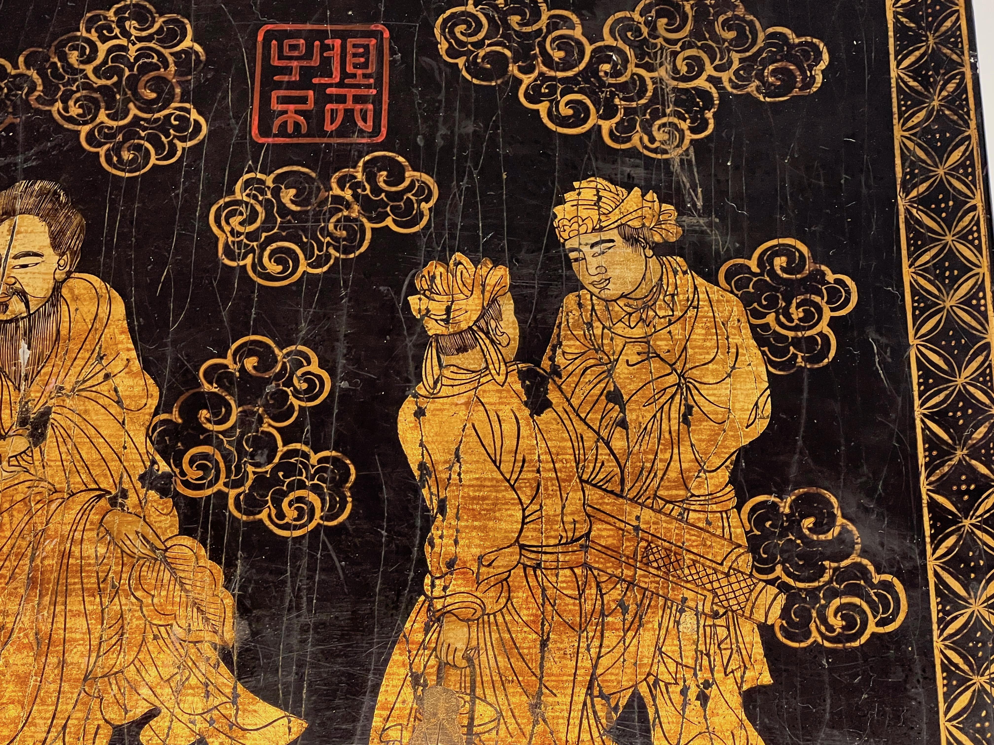 Lack und vergoldetes Gemälde mit chinesischen Deckeln. Französische Arbeit. CIRCA 1970 im Angebot 6