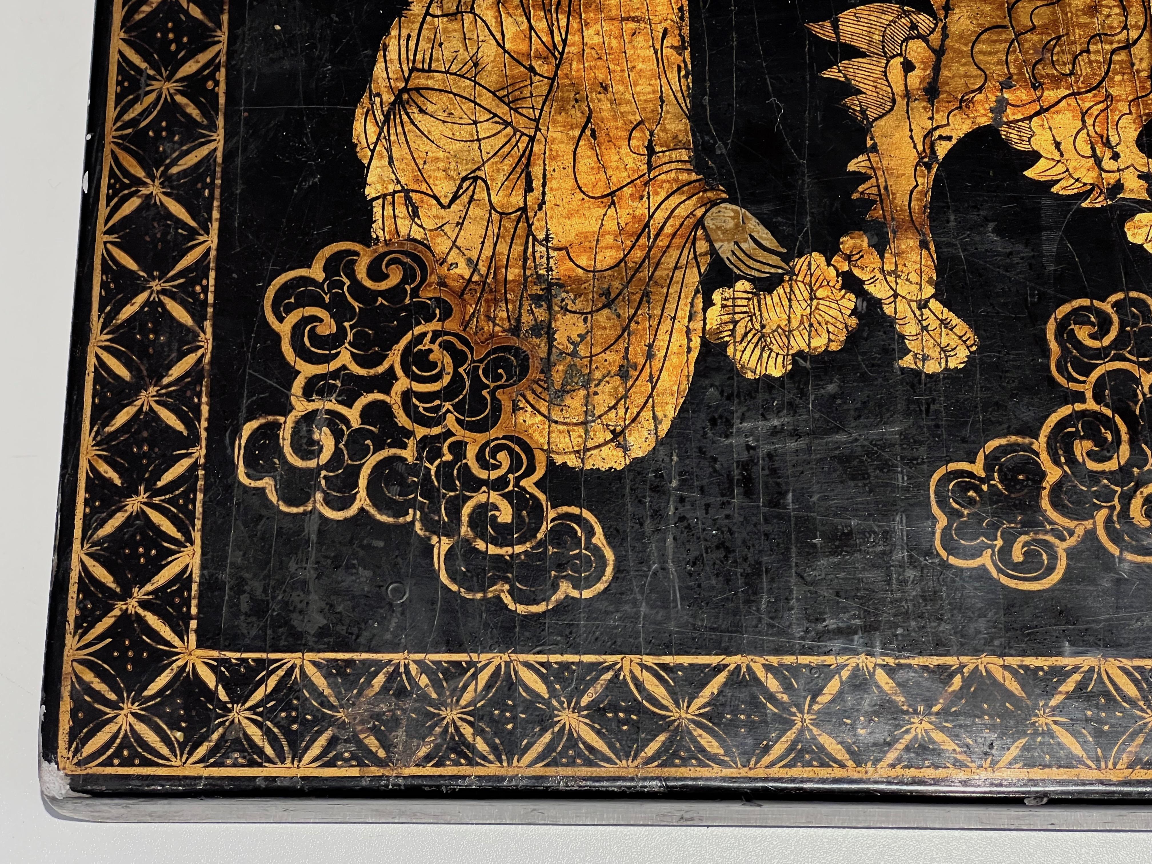 Lacquer and Gilding Painting with Chinese Decors. French work. Circa 1970 For Sale 9