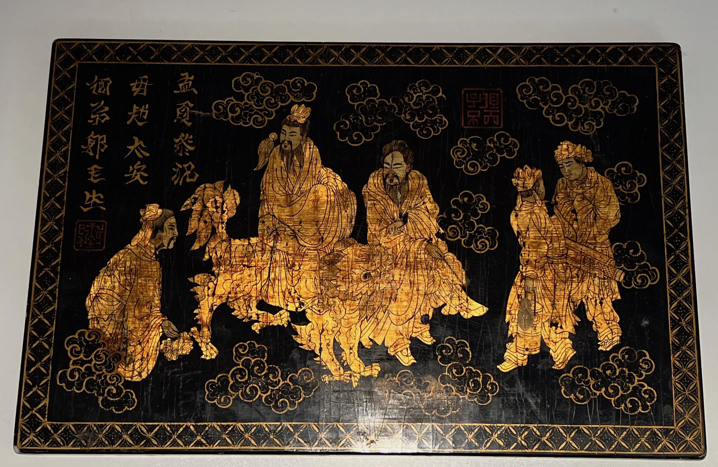 Lacquer and Gilding Painting with Chinese Decors. French work. Circa 1970 For Sale 14