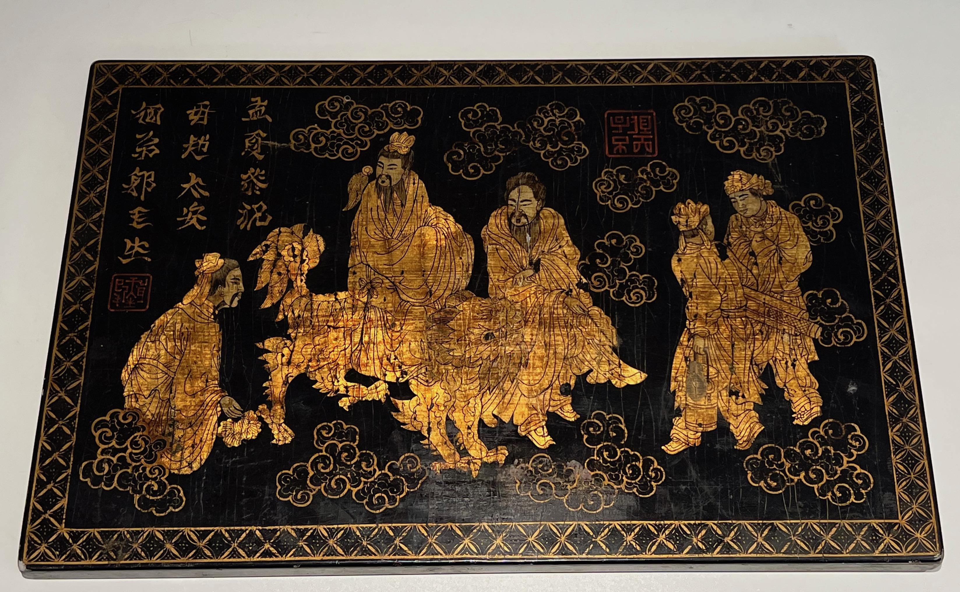 Lacquer and Gilding Painting with Chinese Decors. French work. Circa 1970 For Sale 15