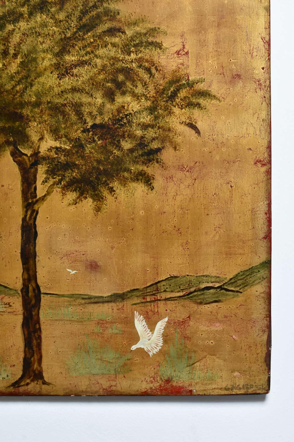 French Lacquer and gold leaf painting on panel, 1960s For Sale