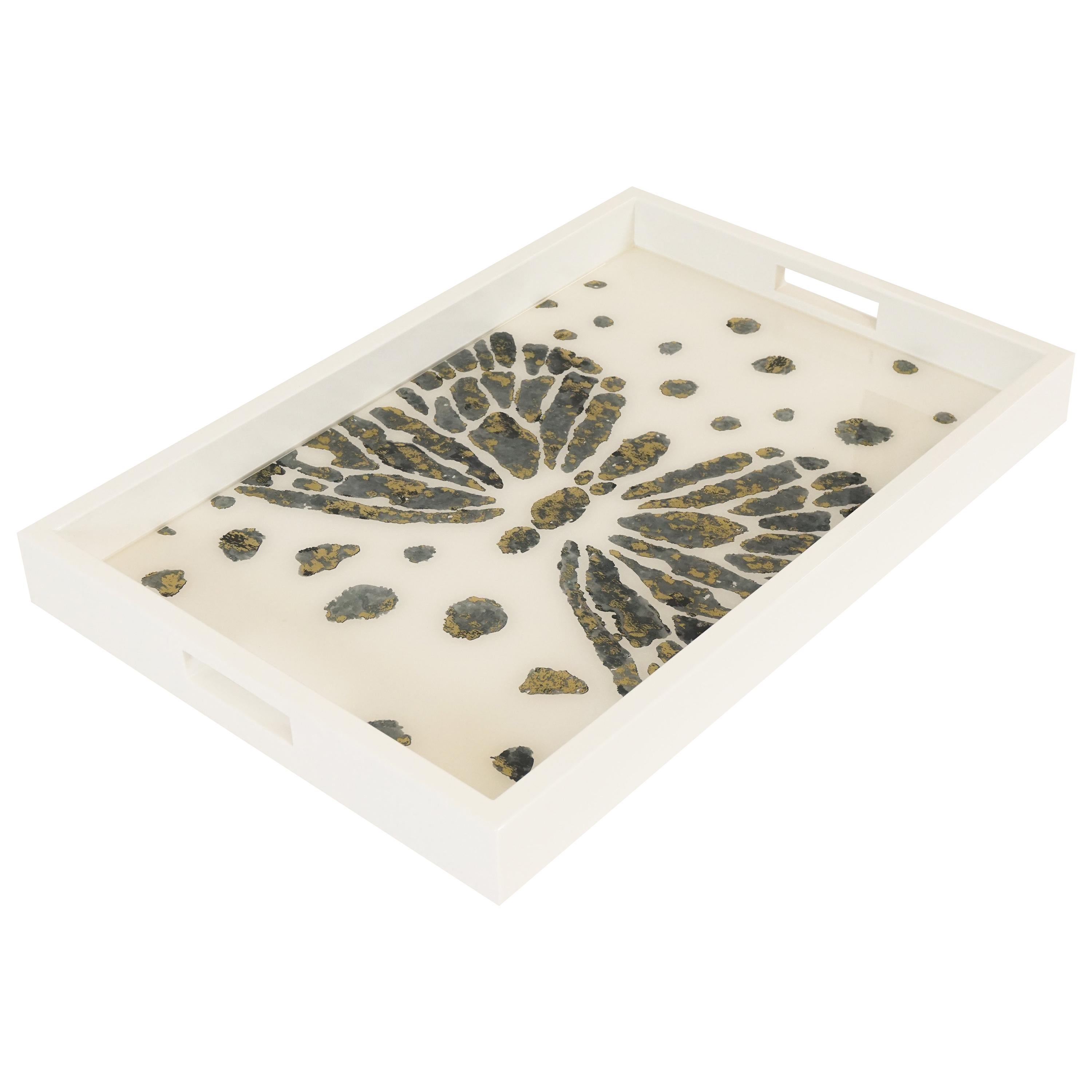 Lacquer and Resin Wood Serving Tray with Handles and Butterfly Design For Sale