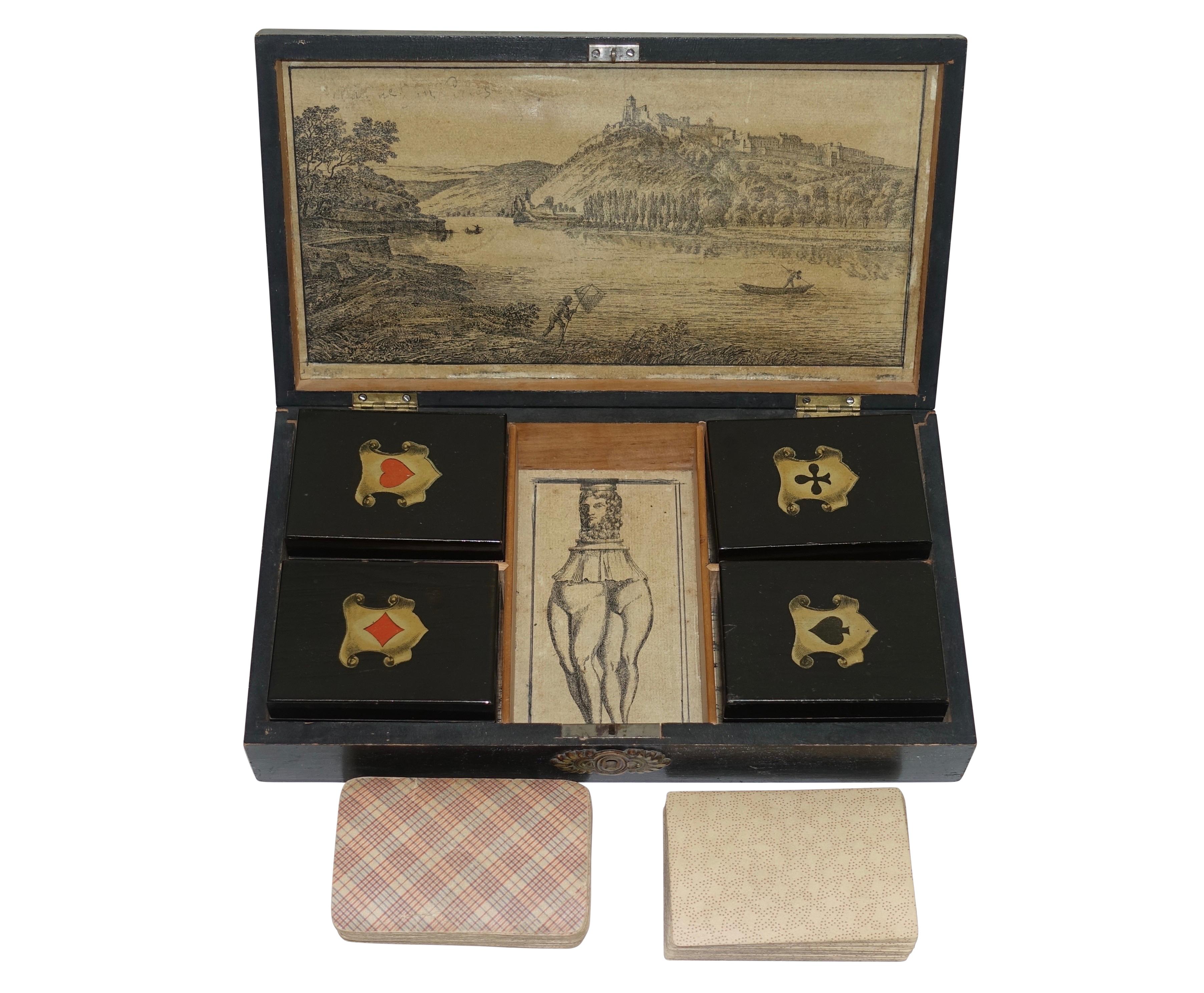 Lacquered Lacquer and Stenciled Game Box with Cards, European 19th Century For Sale