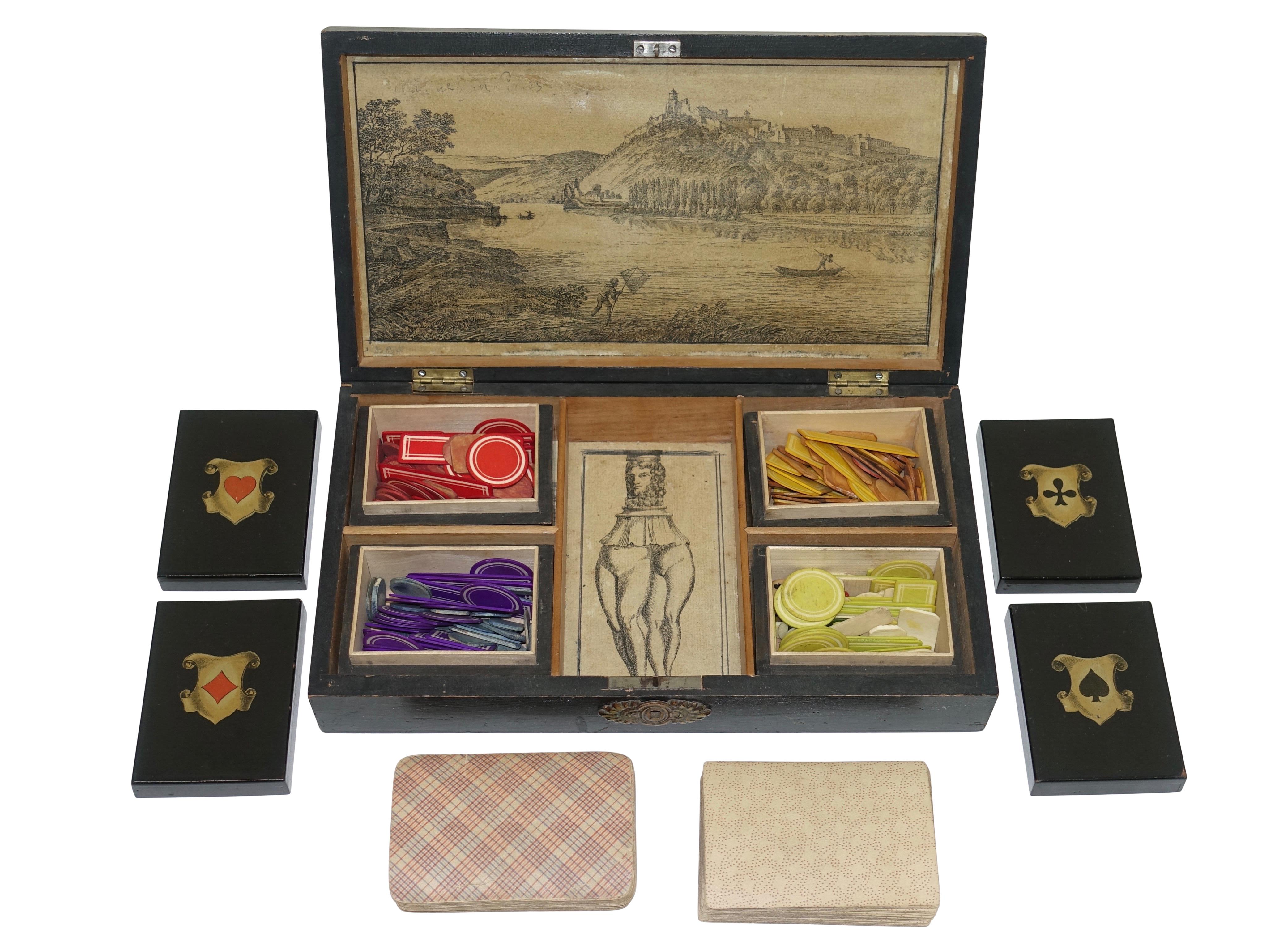 Lacquer and Stenciled Game Box with Cards, European 19th Century In Good Condition For Sale In San Francisco, CA