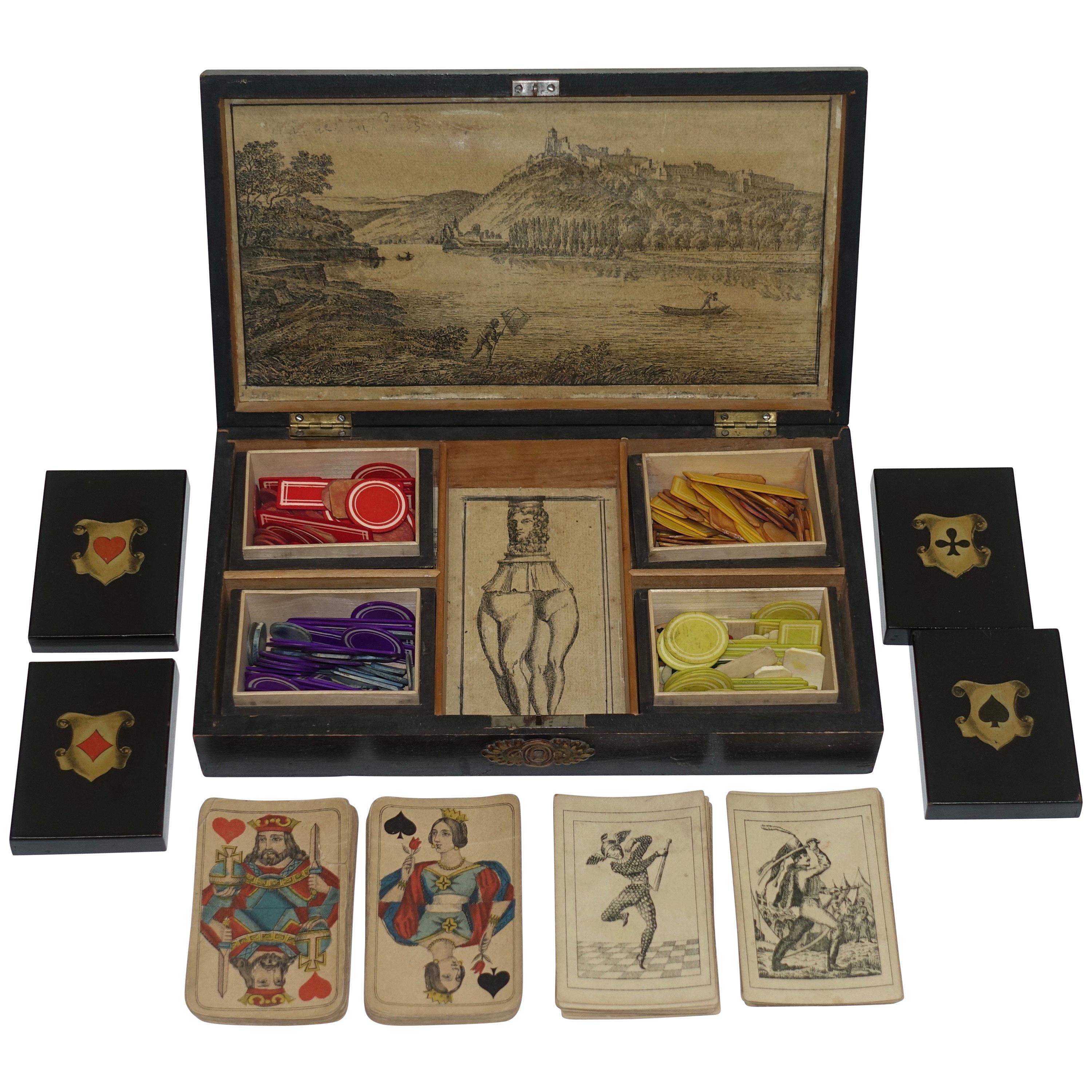 Lacquer and Stenciled Game Box with Cards, European 19th Century For Sale