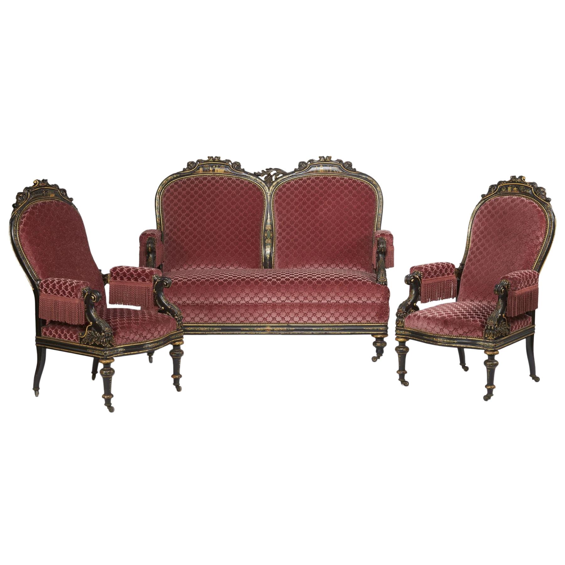 Lacquer and Velvet Set of Seats in the Napoleon III Style, 19th Century For Sale