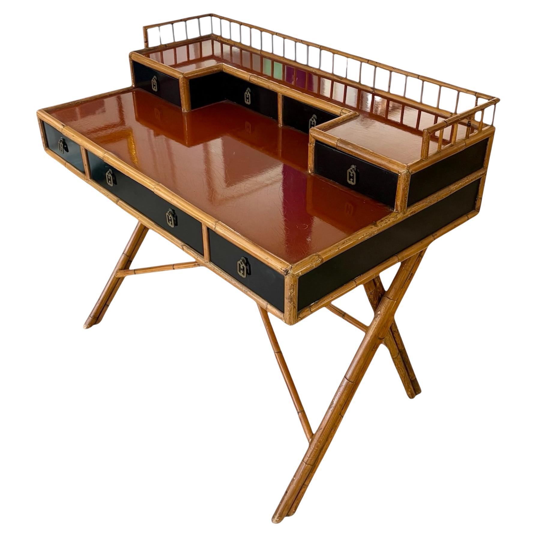 1960s French Lacquered, Bamboo and Brass desk by E Murio For Sale