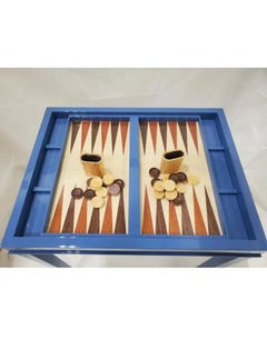Tavolo da gioco Backgammon laccato blu lucido con piano rimovibile, realizzato su ordinazione
