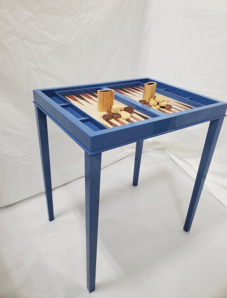 Lacquer Blue High Gloss Backgammon Game Table with Removable Top, Made