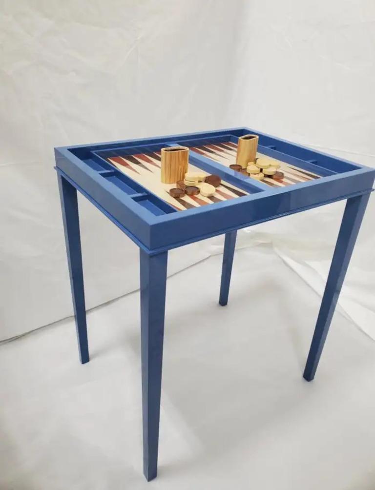 American Lacquer Blue High Gloss Backgammon Game Table with Removable Top, Made to order For Sale