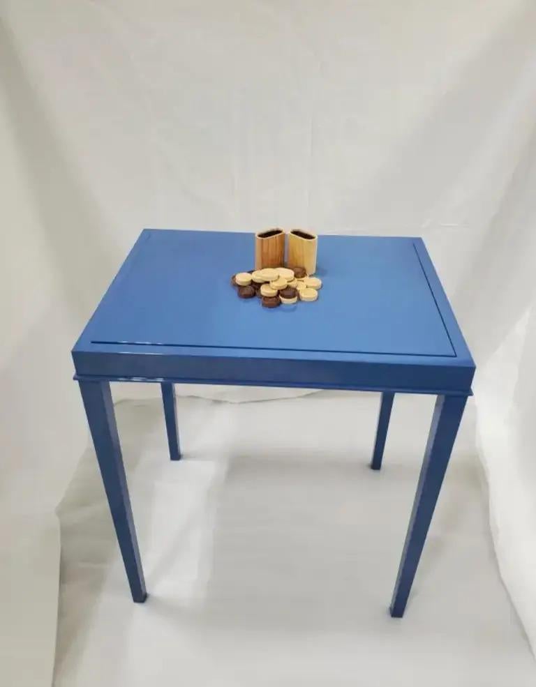 Marquetry Lacquer Blue High Gloss Backgammon Game Table with Removable Top, Made to order For Sale
