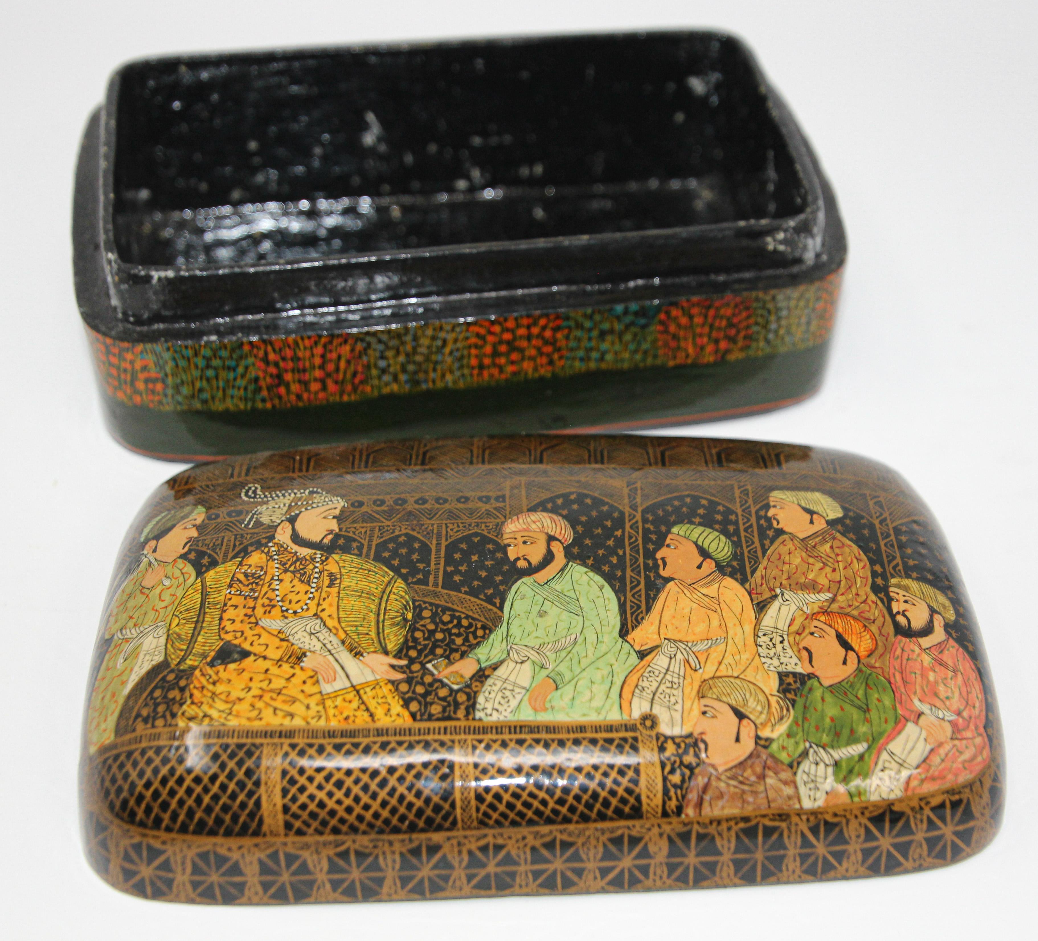 Indian Lacquer Box Hand Painted with Mughals Maharajahs, Kashmir, India