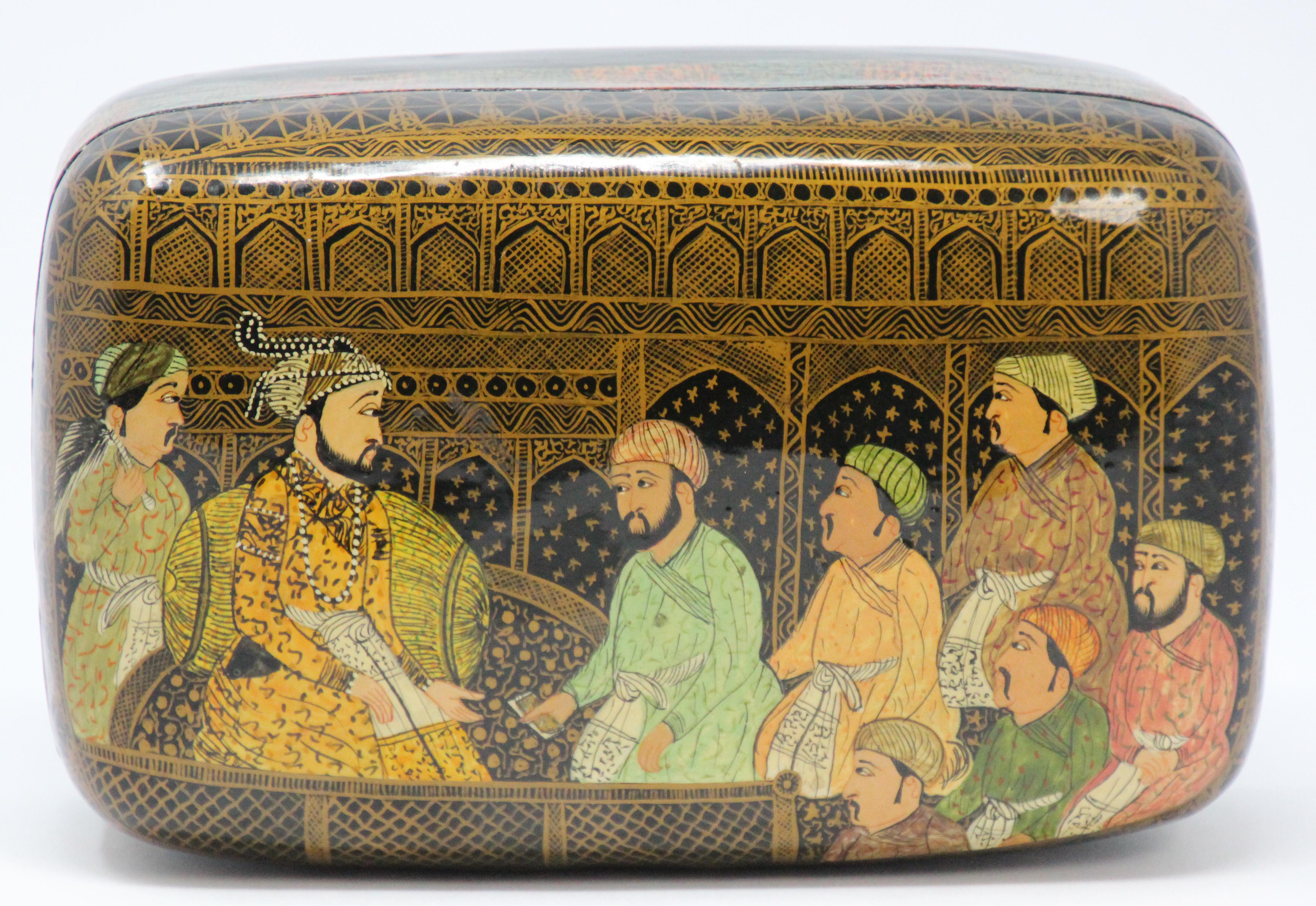 20th Century Lacquer Box Hand Painted with Mughals Maharajahs, Kashmir, India