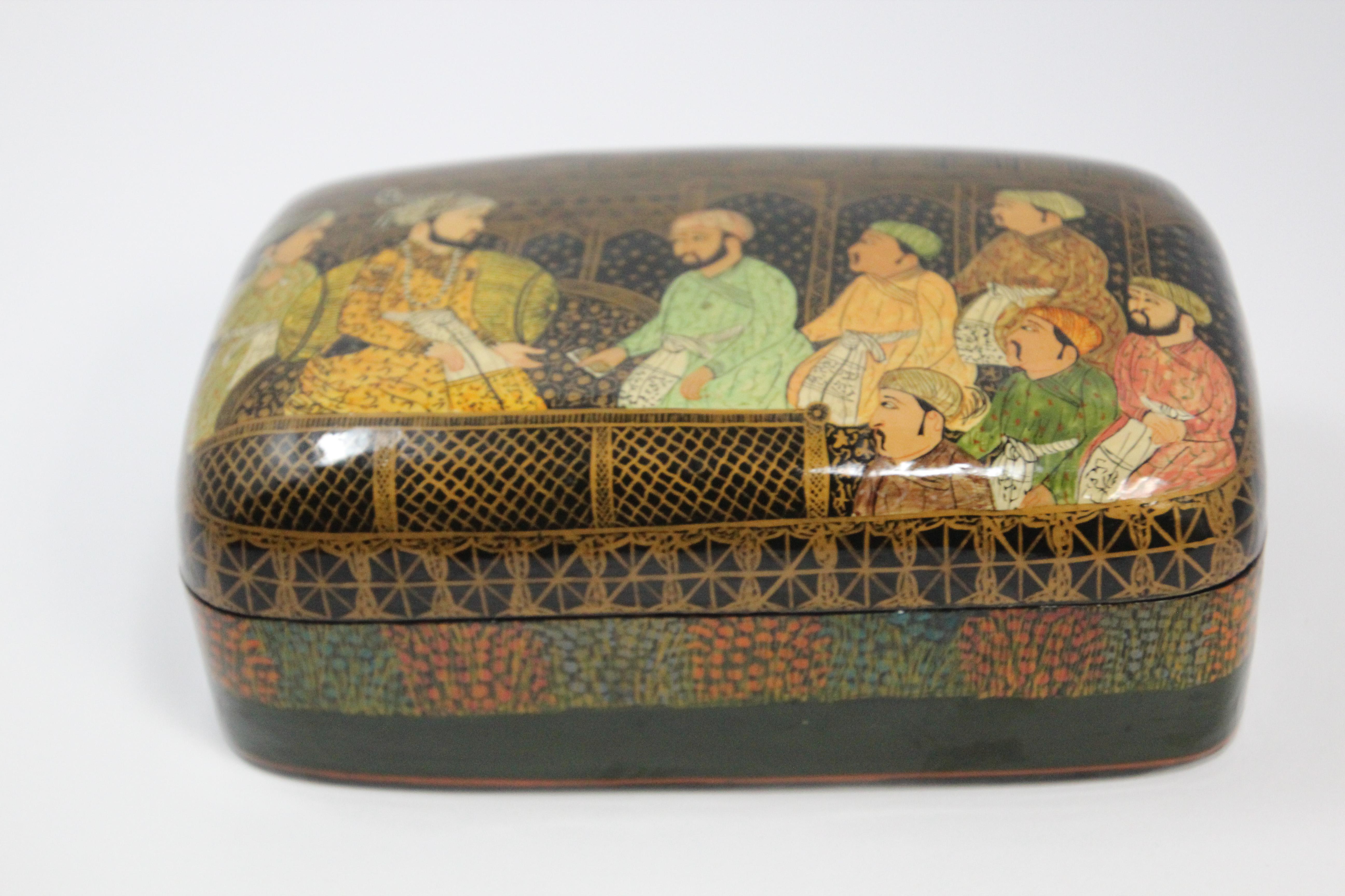 Paper Lacquer Box Hand Painted with Mughals Maharajahs, Kashmir, India