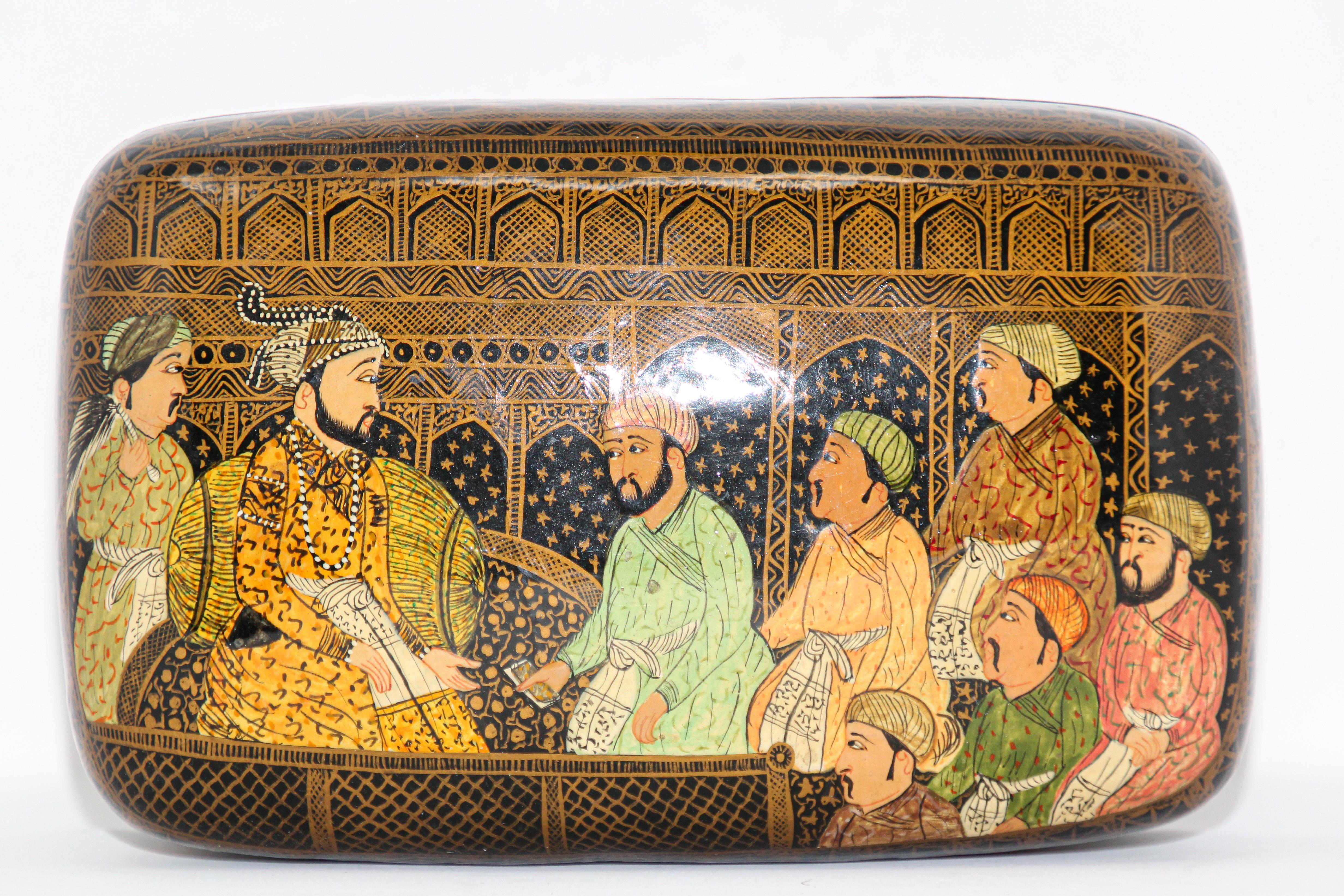 Lacquer Box Hand Painted with Mughals Maharajahs, Kashmir, India 1