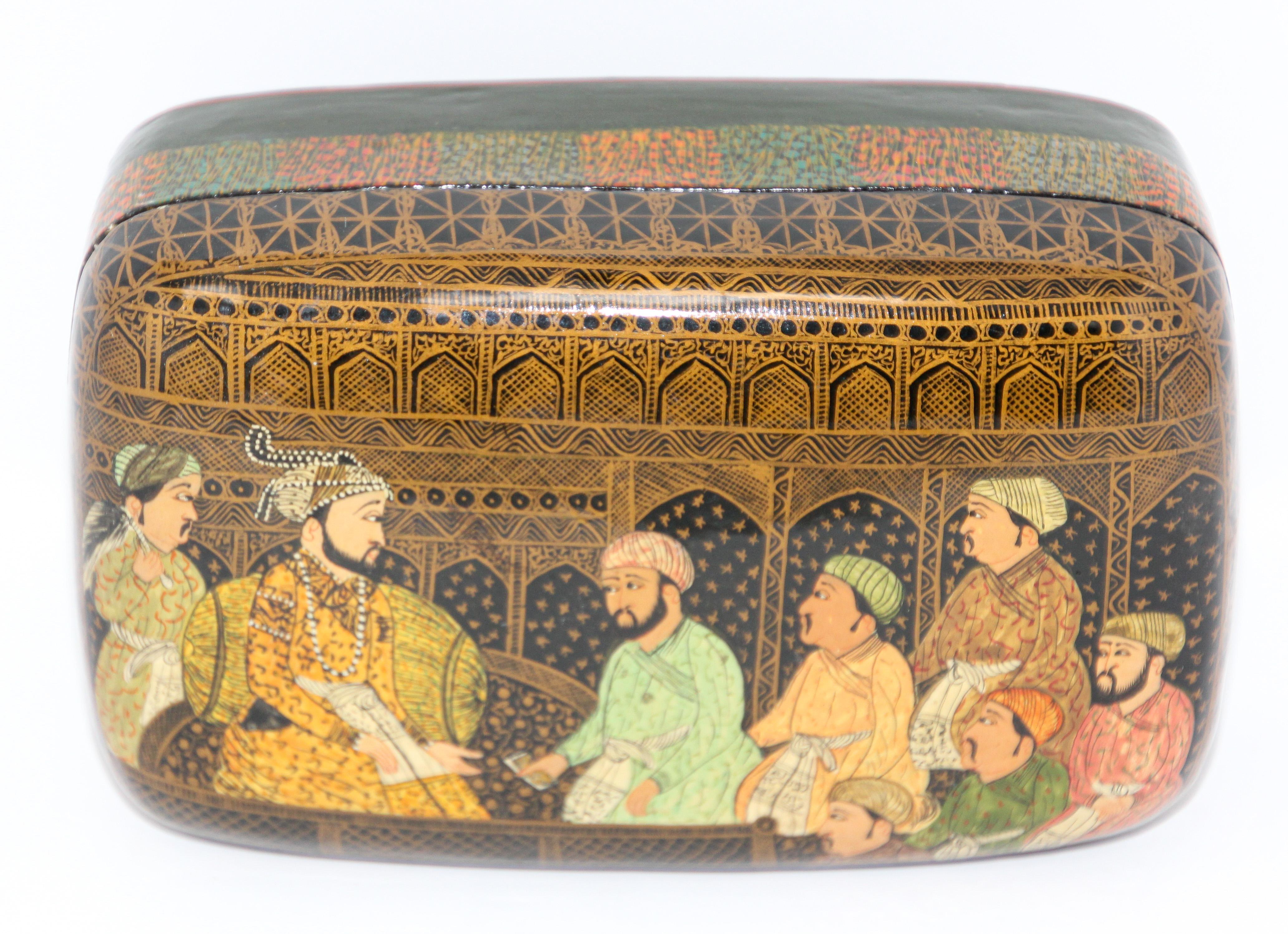 Lacquer Box Hand Painted with Mughals Maharajahs, Kashmir, India 2