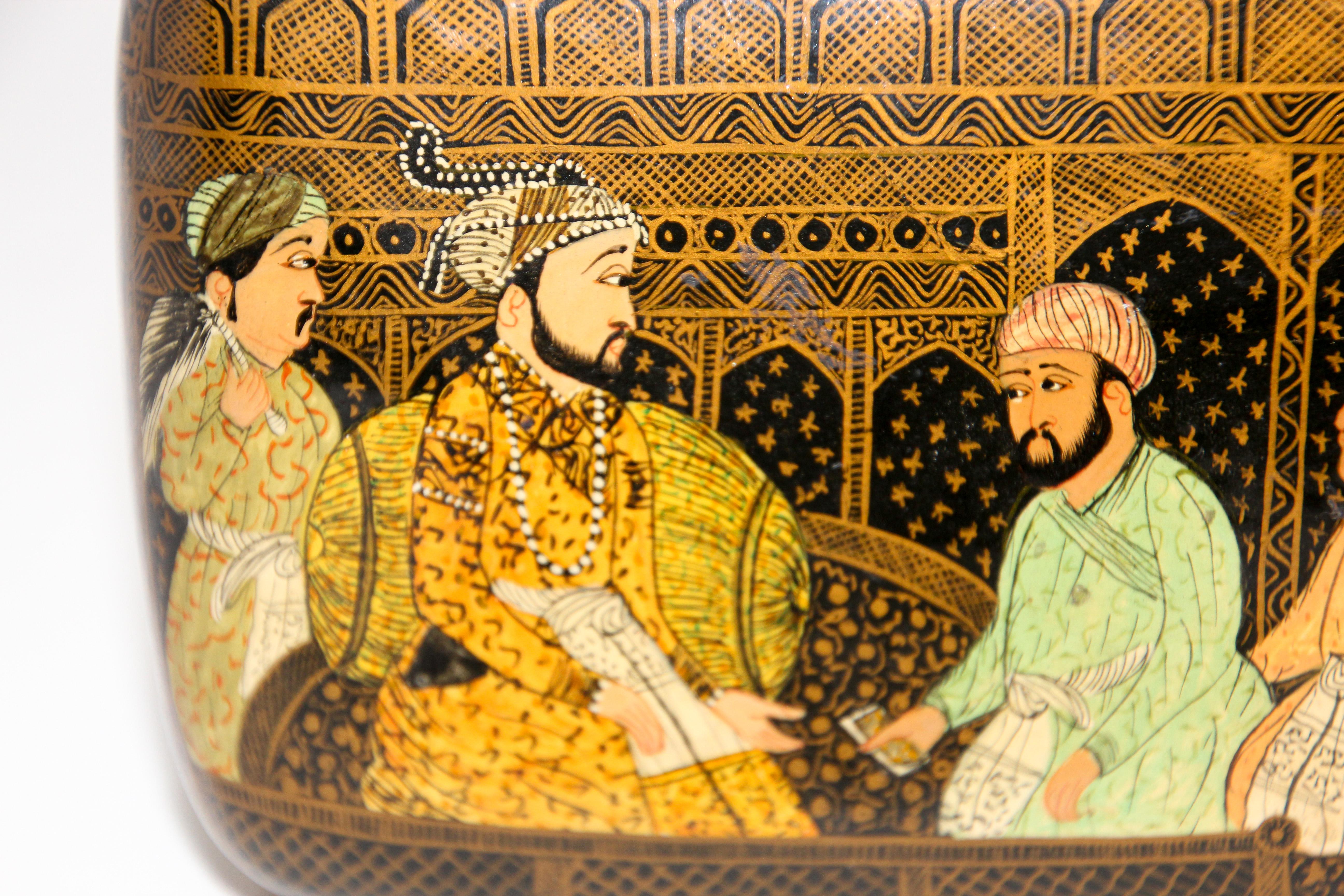 Lacquer Box Hand Painted with Mughals Maharajahs, Kashmir, India 8