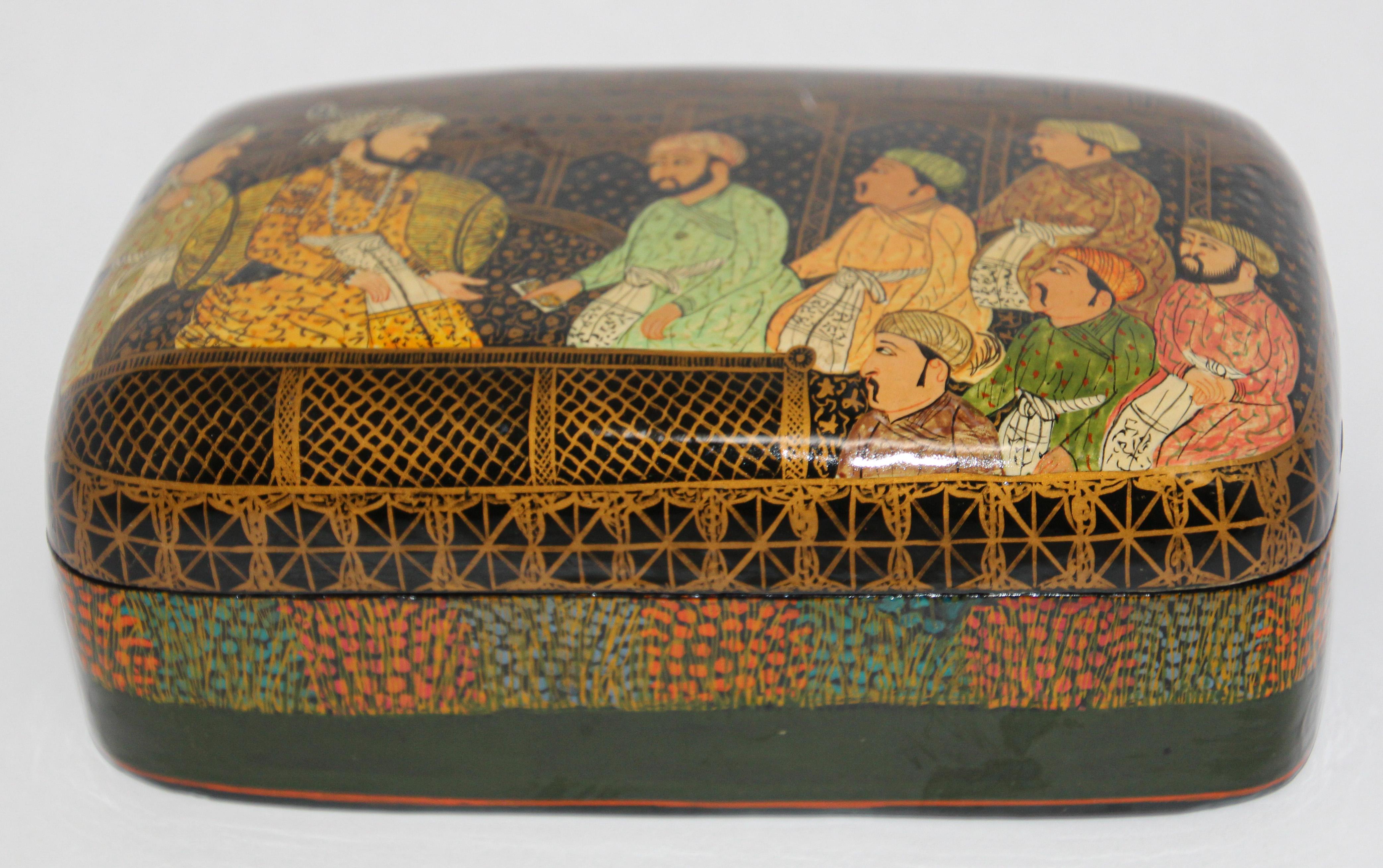 Hand-Crafted Lacquer Box Hand Painted with Mughals Maharajahs, Kashmir, India