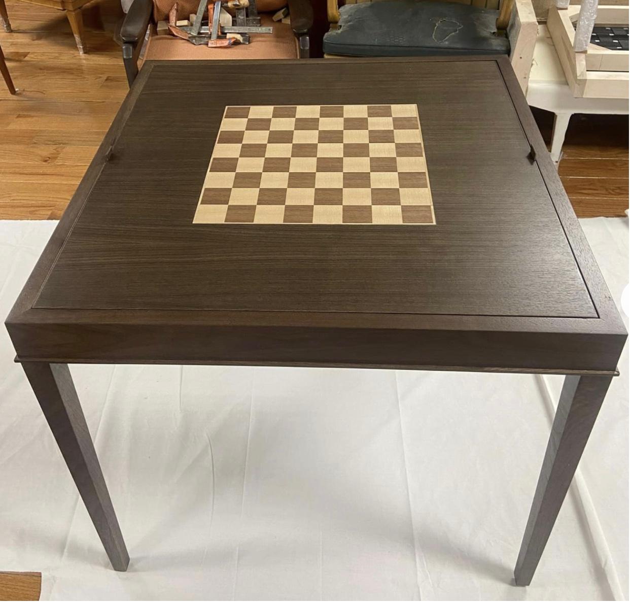 Marquetry Lacquer Custom Square Game Table For Sale