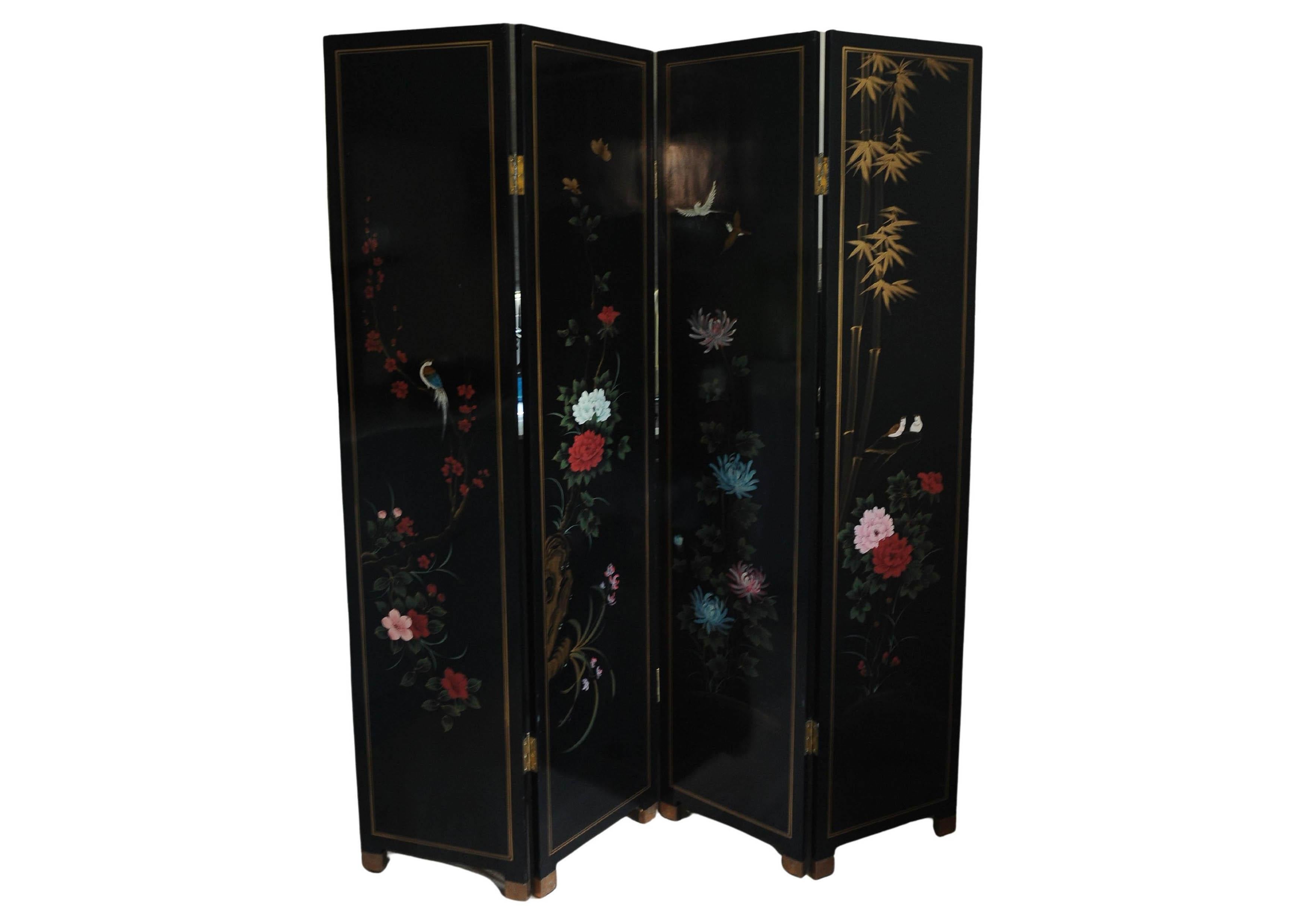 Laque de Chine Décoratif floral Foldes Séparateur de pièce à deux côtés en vente 3