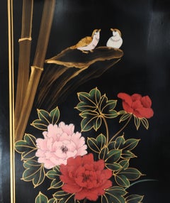 Lacquer De Chine Decorative Floral Four Fold Two-Sided Room Divider