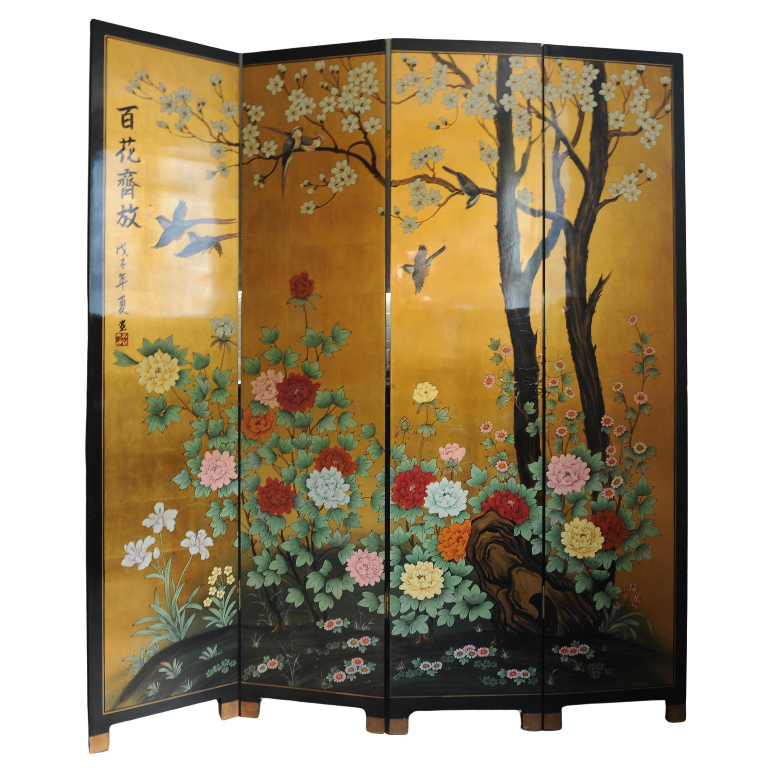 Lacquer De Chine Decorative Floral Four Fold Two-Sided Room Divider