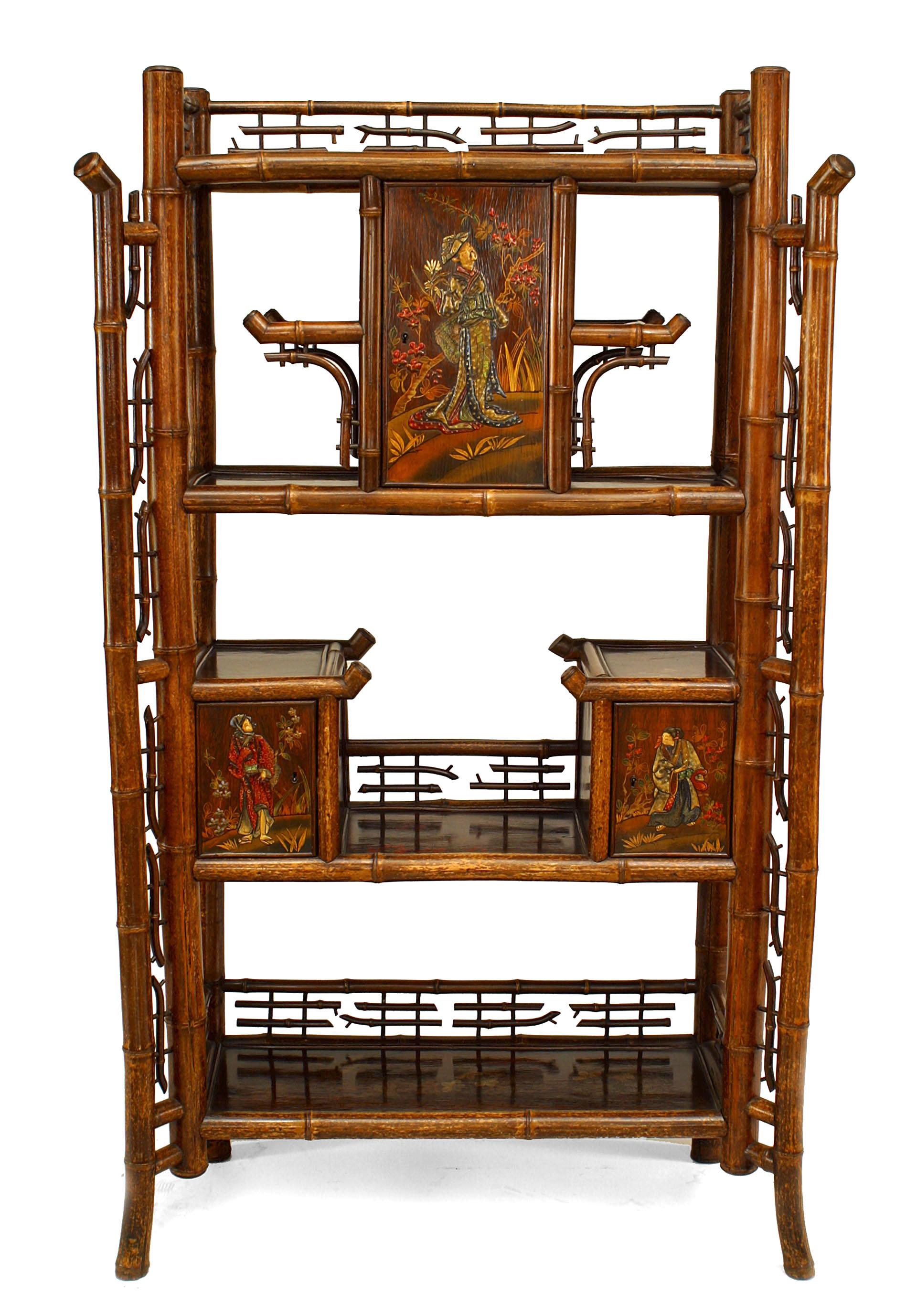 Bamboo and rosewood (19th Century) lacquered panel etagere with 3 doors with floral and figural decoration.
