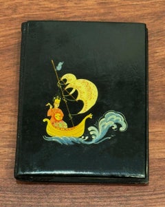 Taccuino/calendario/telefono dipinto a mano in lacca, c1977, scena di favola russa