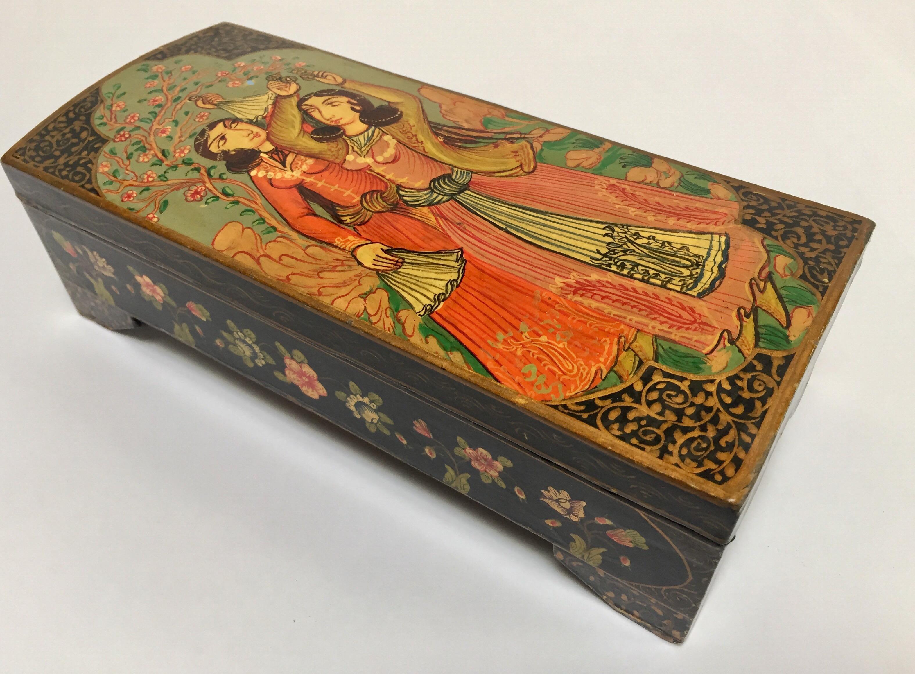 Islamic Lacquer Pen Box Hand Painted with Harem Girls Playing and Dancing