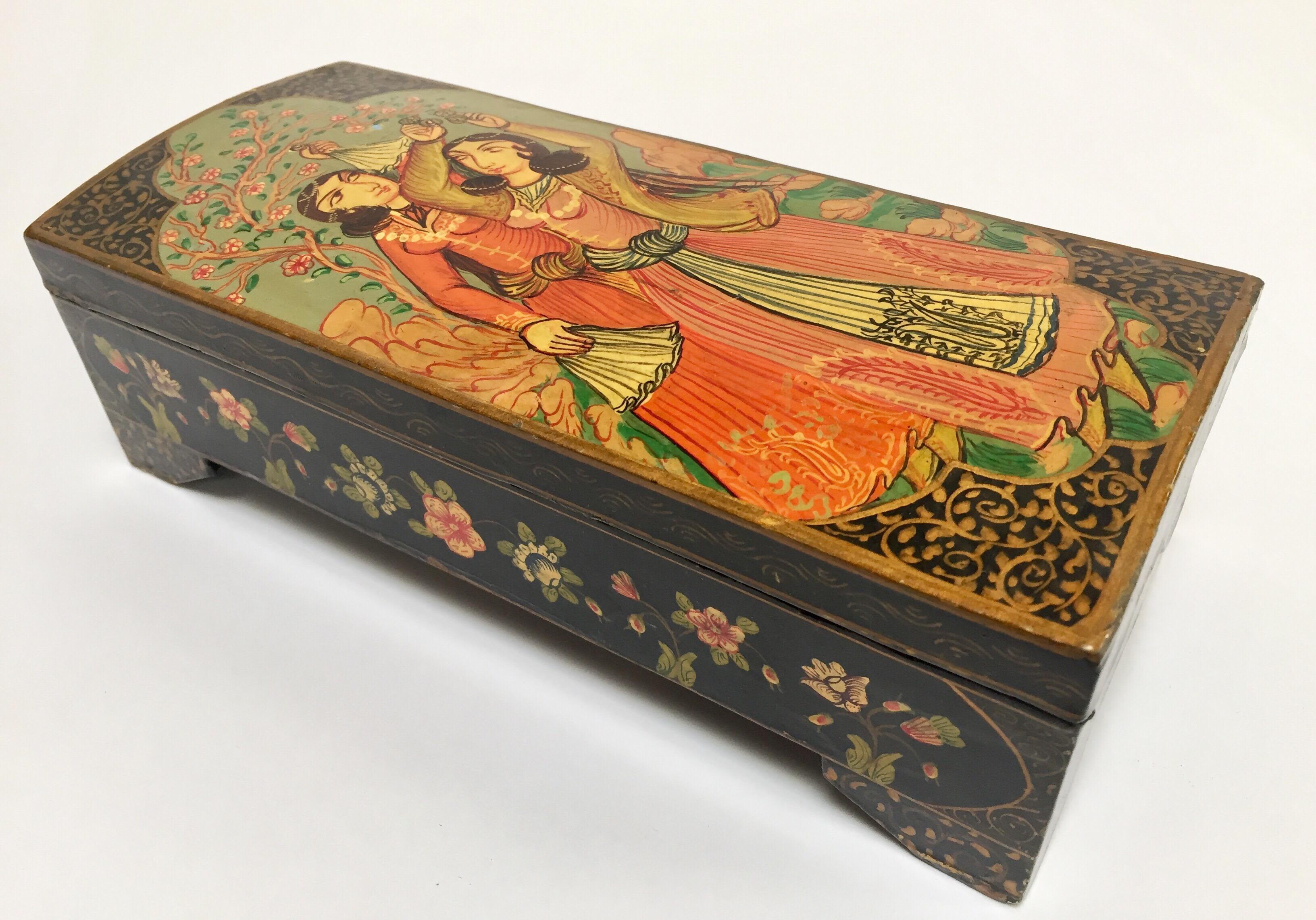 Persian Lacquer Pen Box Hand Painted with Harem Girls Playing and Dancing