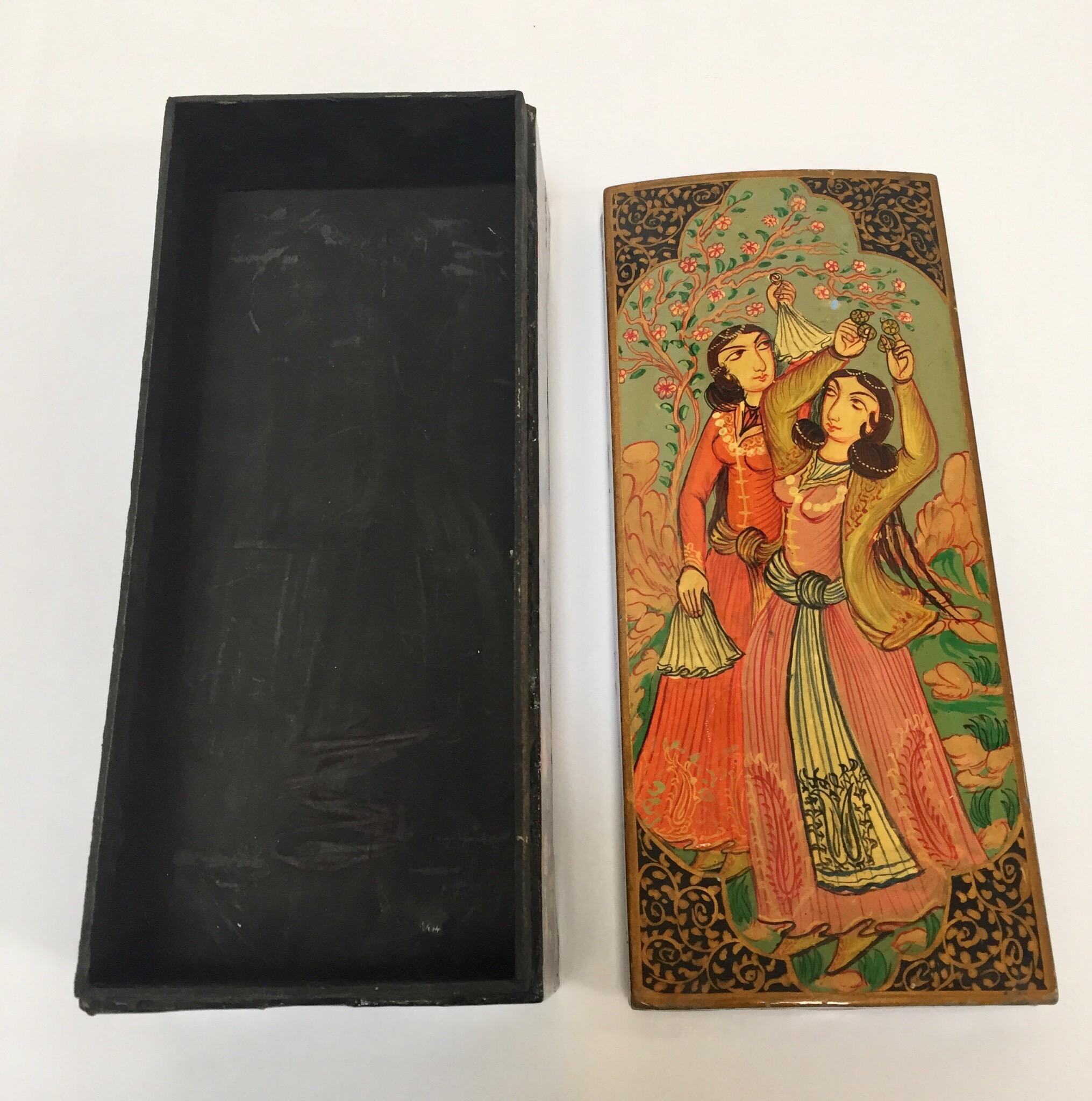 Hand-Crafted Lacquer Pen Box Hand Painted with Harem Girls Playing and Dancing