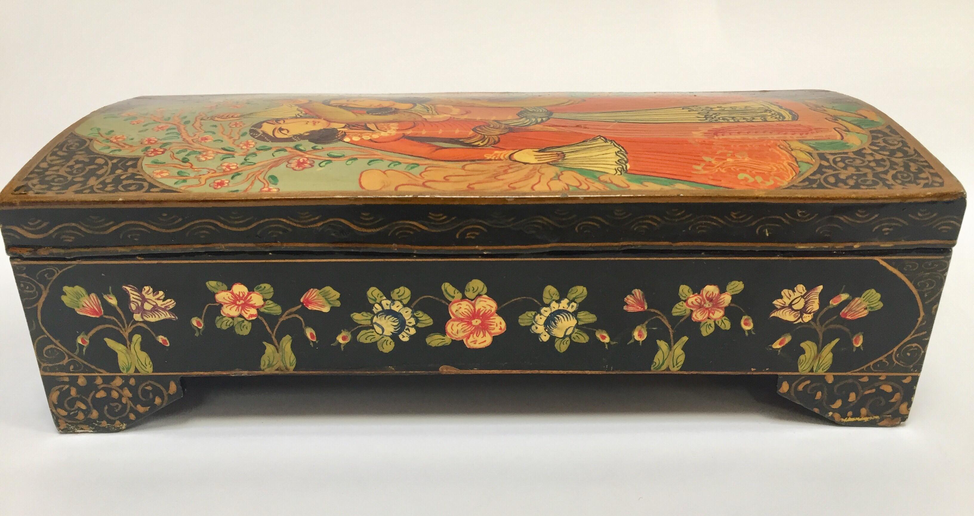 Lacquer Pen Box Hand Painted with Harem Girls Playing and Dancing In Good Condition In North Hollywood, CA