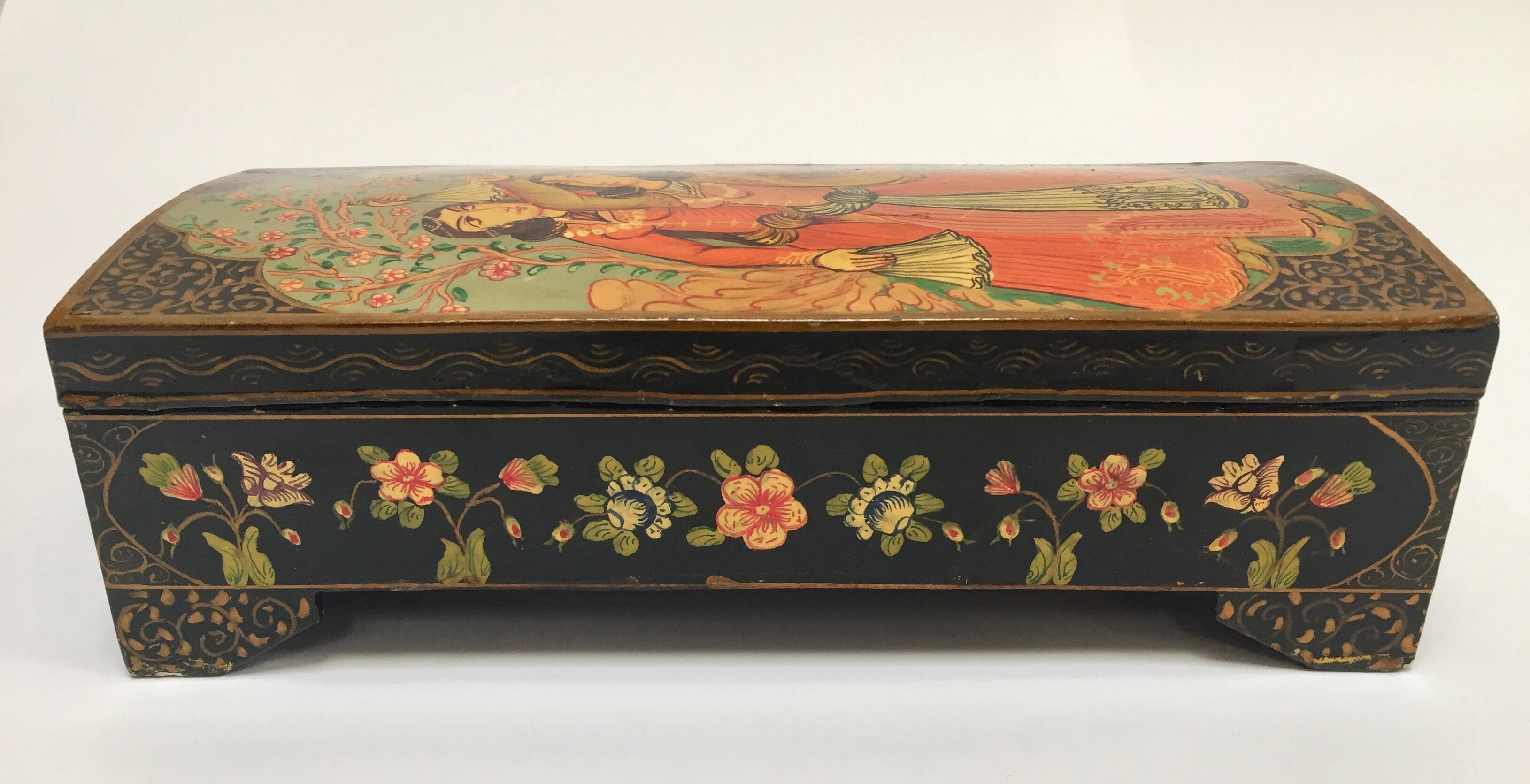 20th Century Lacquer Pen Box Hand Painted with Harem Girls Playing and Dancing