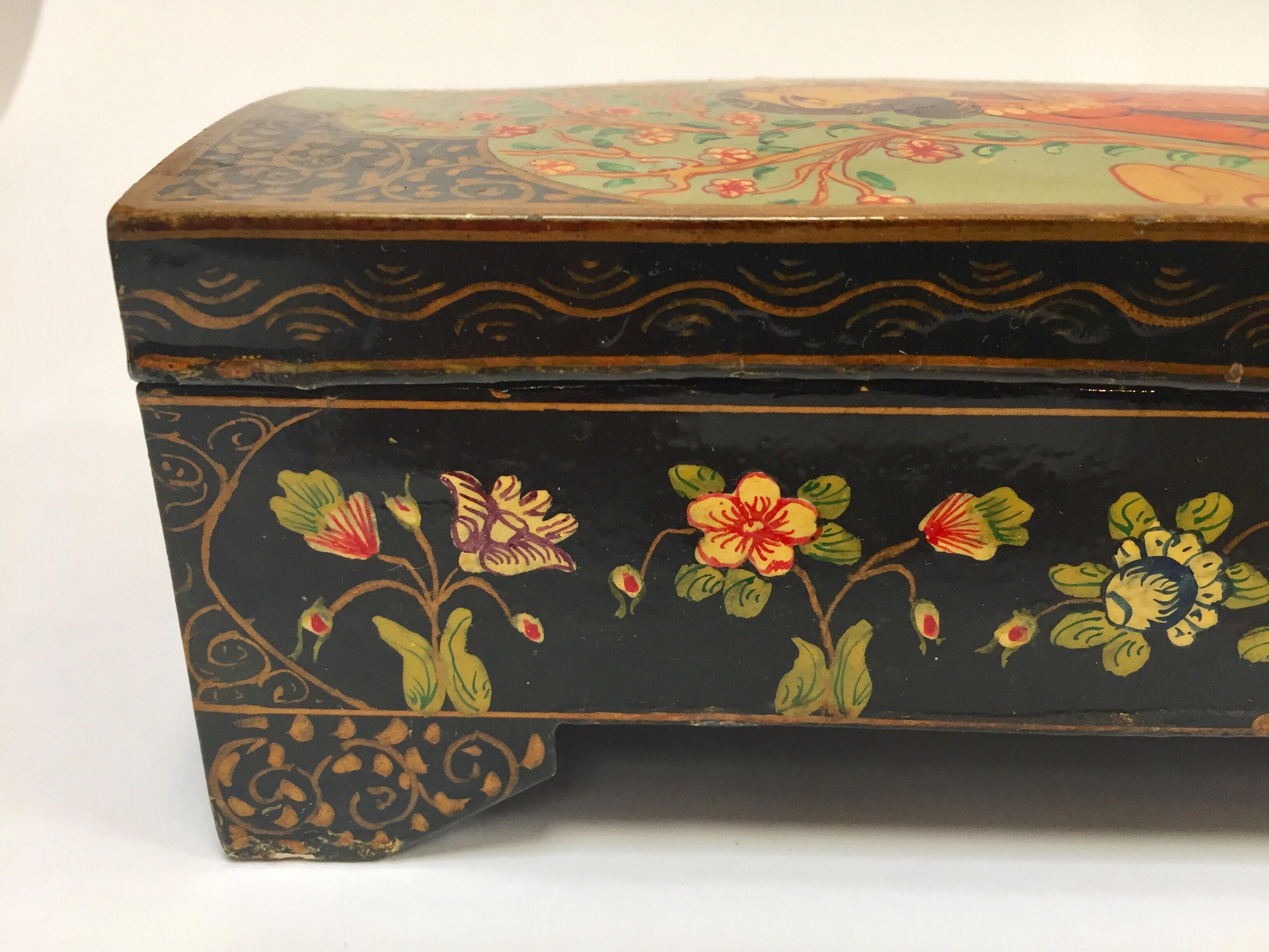 Wood Lacquer Pen Box Hand Painted with Harem Girls Playing and Dancing