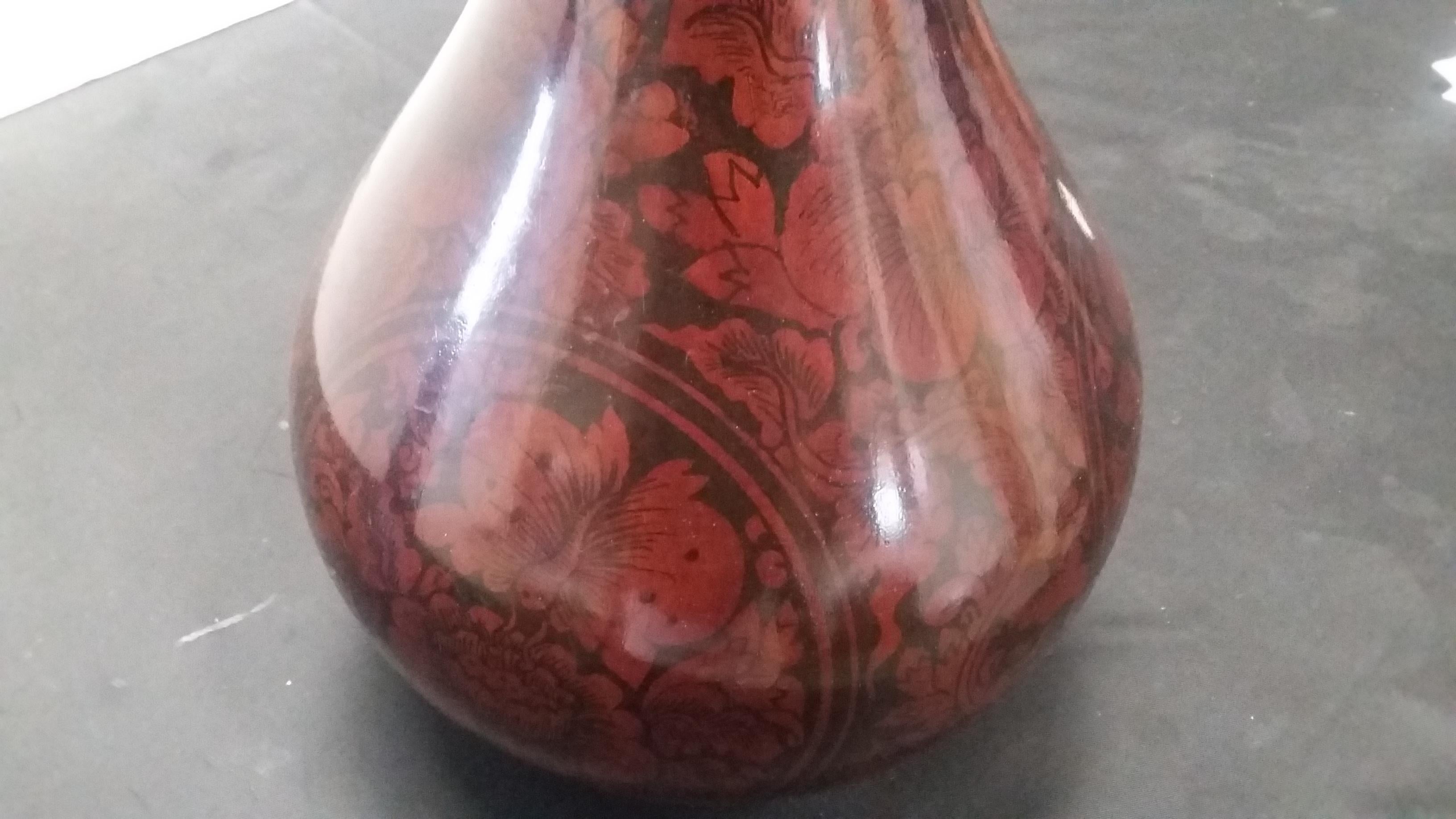 19th century antique Lacquer Vase Asian floral design For Sale 1