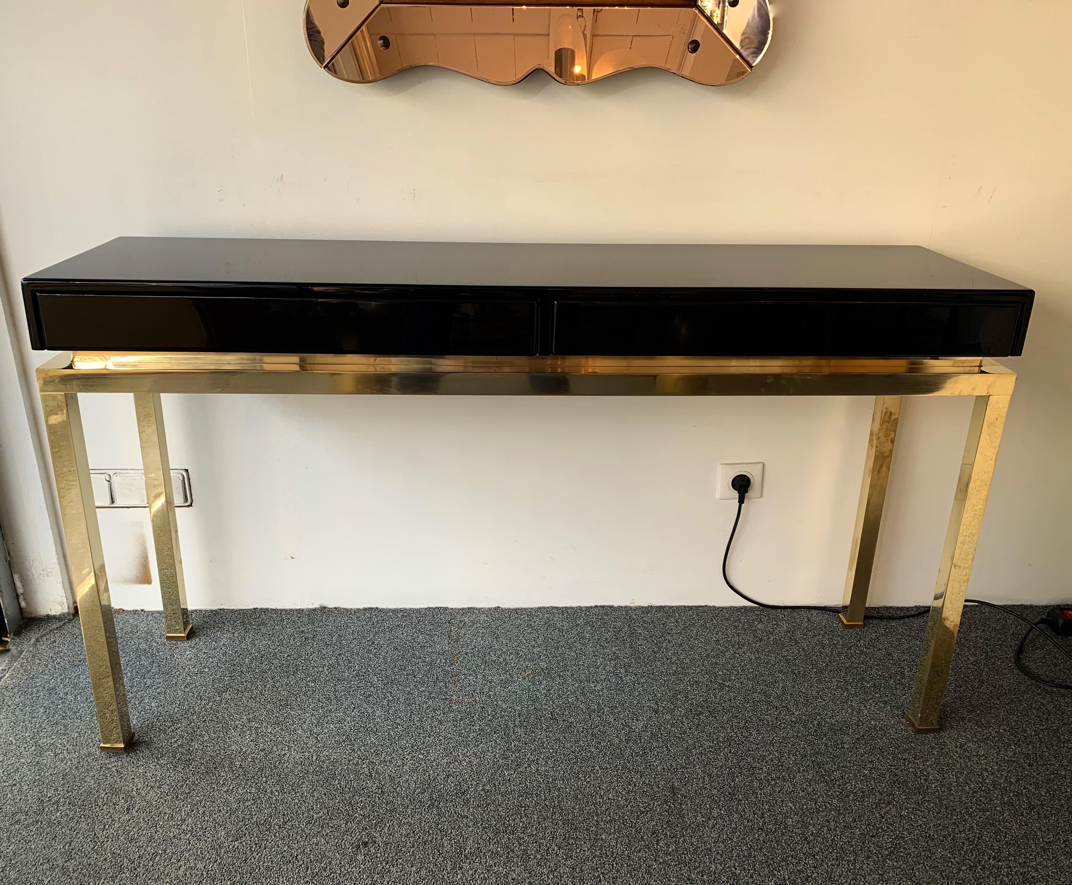 Mid-Century Modern Lacquered and Brass Console by Guy Lefevre, France, 1970s